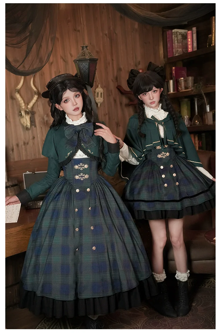 With PUJI - Berlin Souvenir - Plaid Preppy Style Lolita Bust Supporting JSK Outfit - Image 23