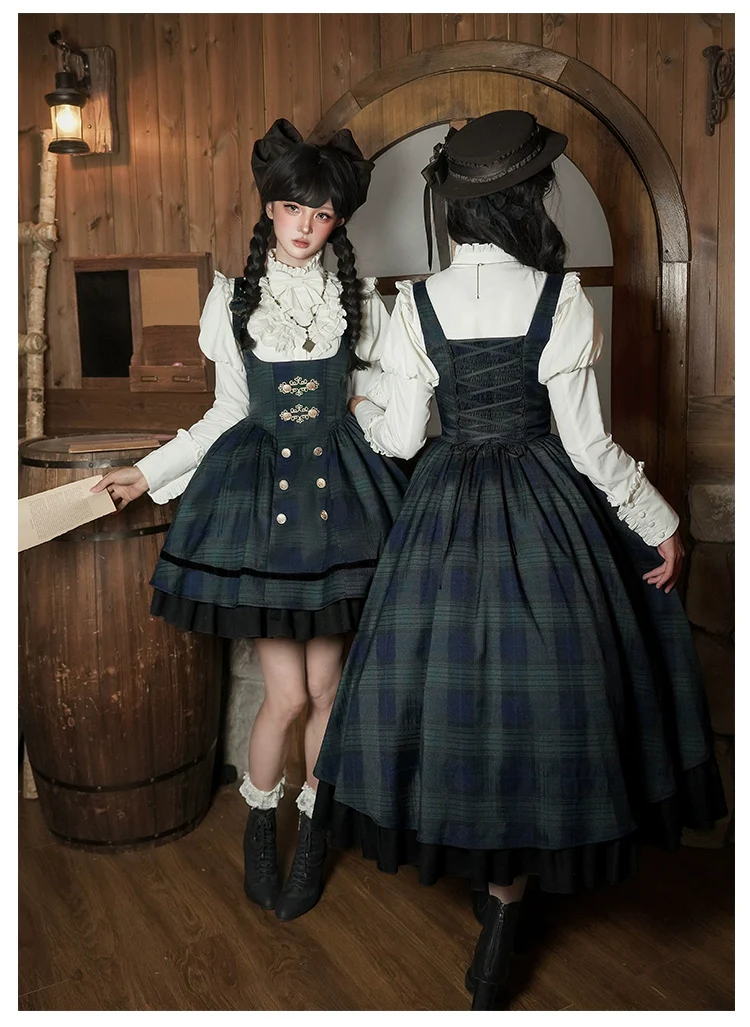 With PUJI - Berlin Souvenir - Plaid Preppy Style Lolita Bust Supporting JSK Outfit - Image 3