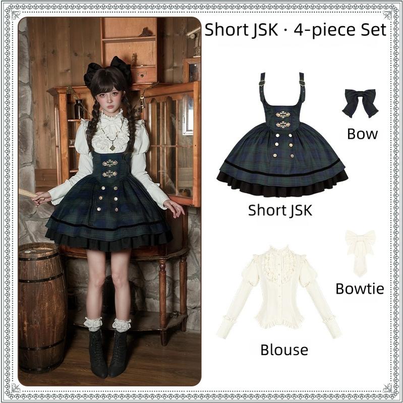With PUJI - Berlin Souvenir - Plaid Preppy Style Lolita Bust Supporting JSK Outfit - Image 36
