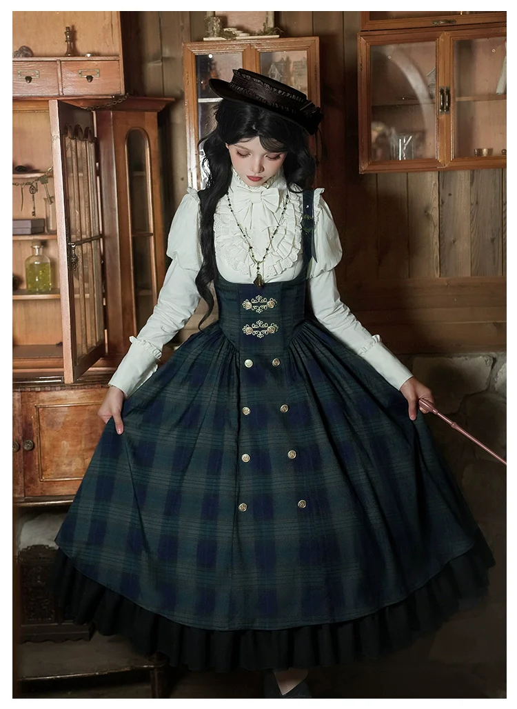 With PUJI - Berlin Souvenir - Plaid Preppy Style Lolita Bust Supporting JSK Outfit - Image 8