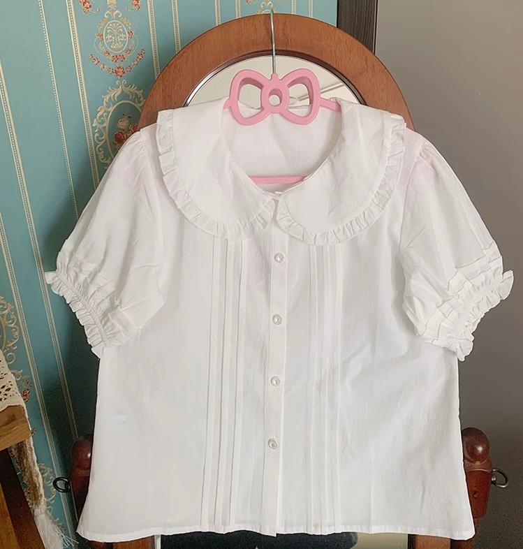 Chubby Cat Diary - Plus Size Cotton Lolita White Blouse, Short Sleeve - Image 4