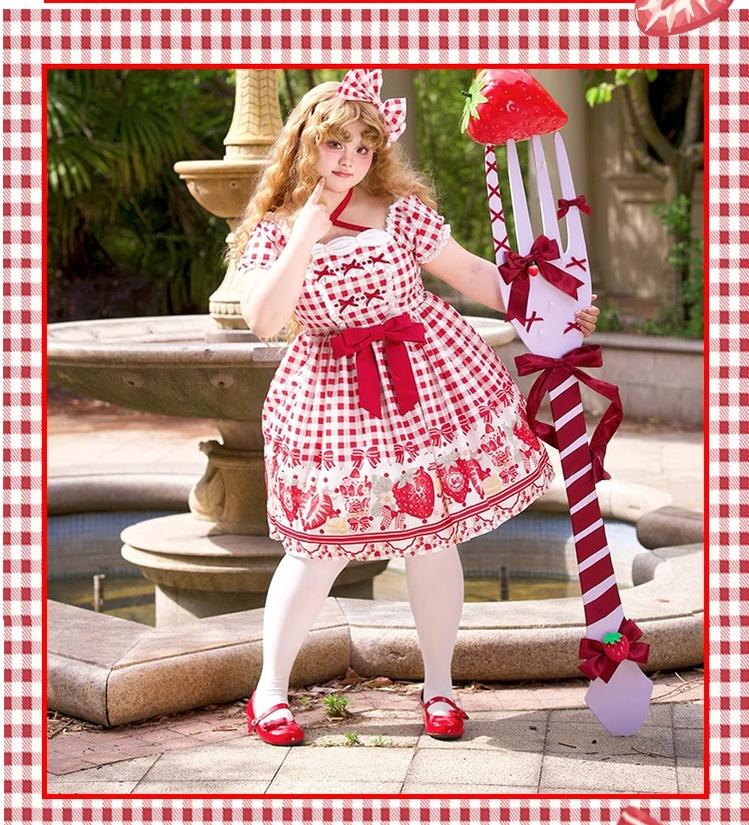 Chubby Cat Diary - Gingham Strawberry - Plus Size Country Lolita OP Dress - Image 12