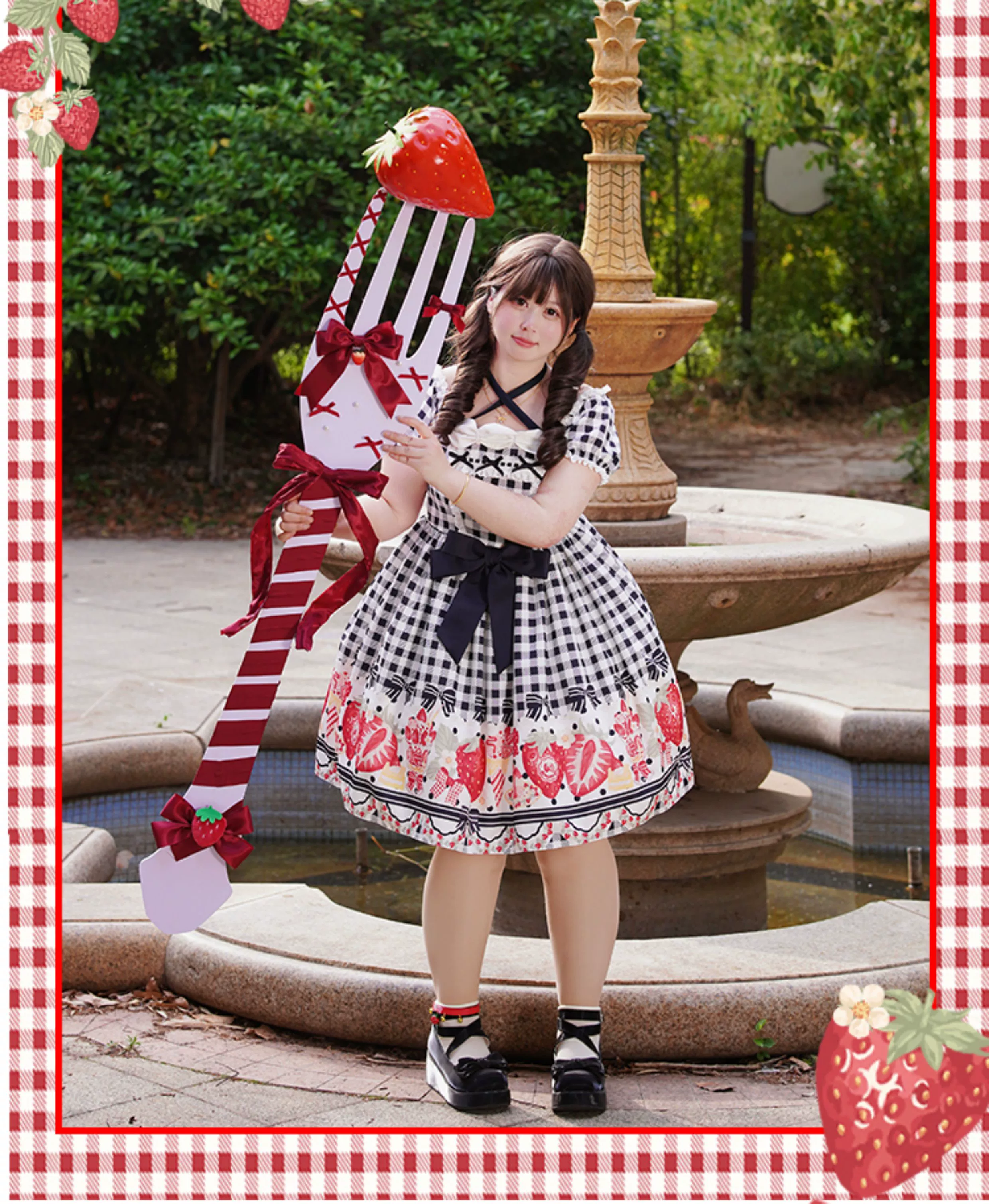 Chubby Cat Diary - Gingham Strawberry - Plus Size Country Lolita OP Dress - Image 5