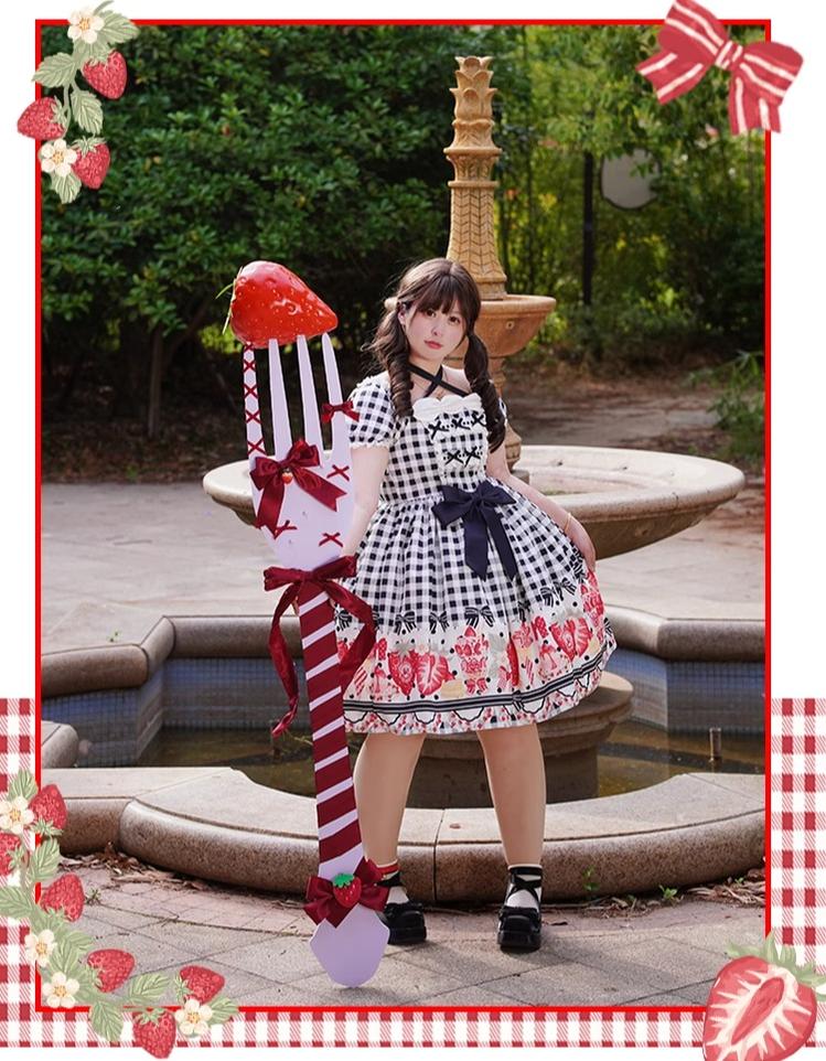 Chubby Cat Diary - Gingham Strawberry - Plus Size Country Lolita OP Dress - Image 6
