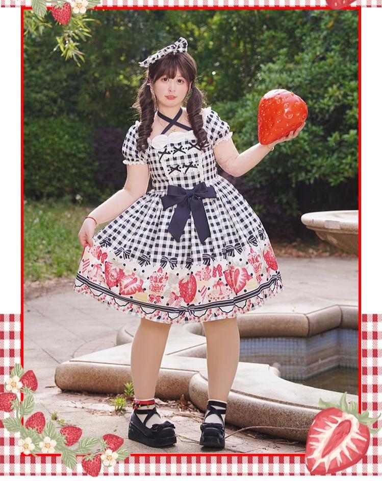 Chubby Cat Diary - Gingham Strawberry - Plus Size Country Lolita OP Dress - Image 9