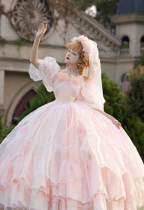 Daydream Whisper - Misty Rose Sea - Plus Size Wedding Lolita JSK with Puffy Tiered Skirt - Image 2