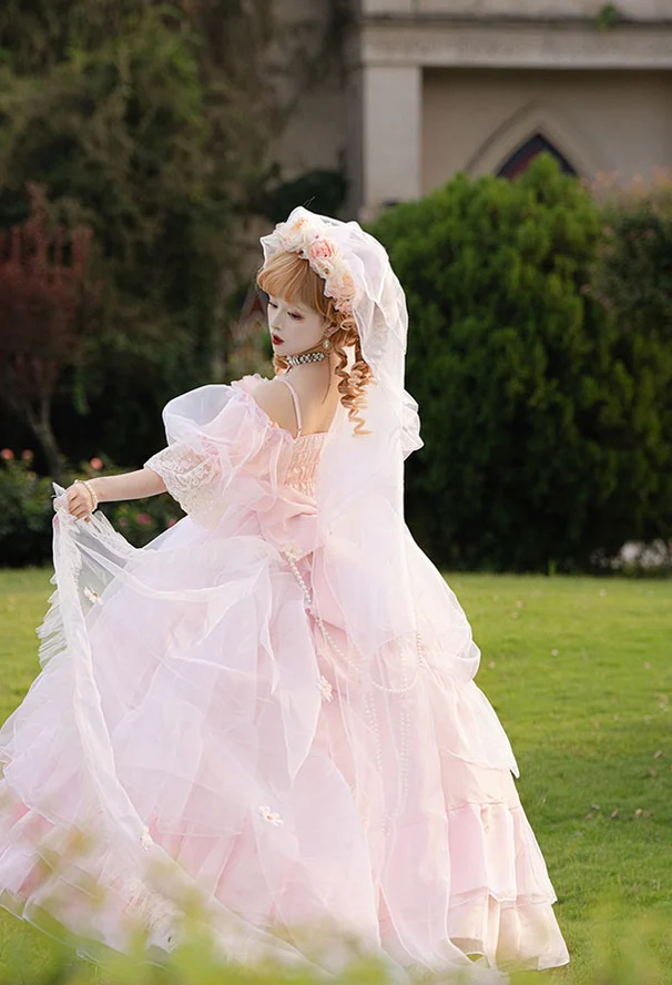 Daydream Whisper - Misty Rose Sea - Plus Size Wedding Lolita JSK with Puffy Tiered Skirt - Image 4
