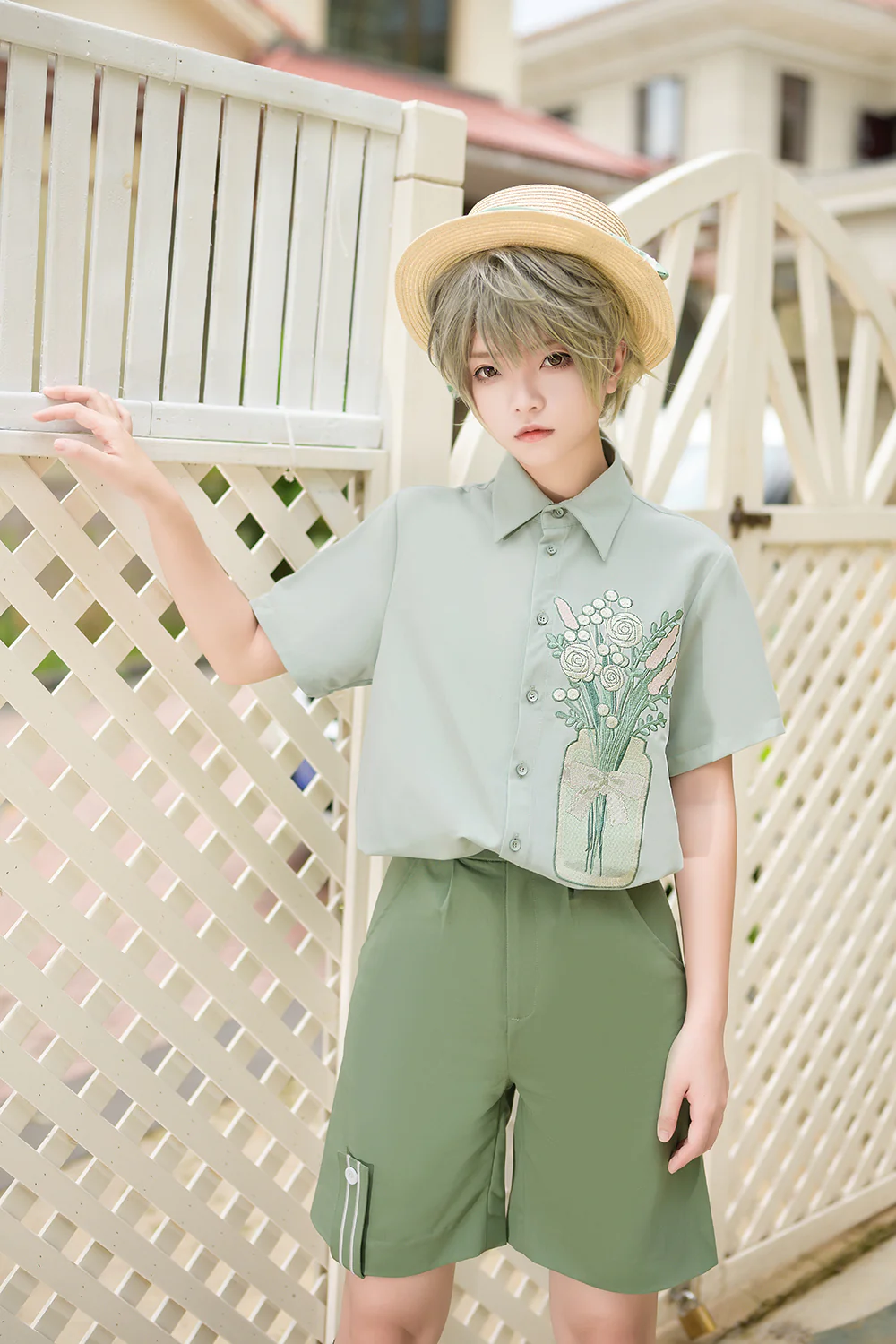 Limited Flowering Time - Retro Green Flower Embroidery Shirt - Image 13