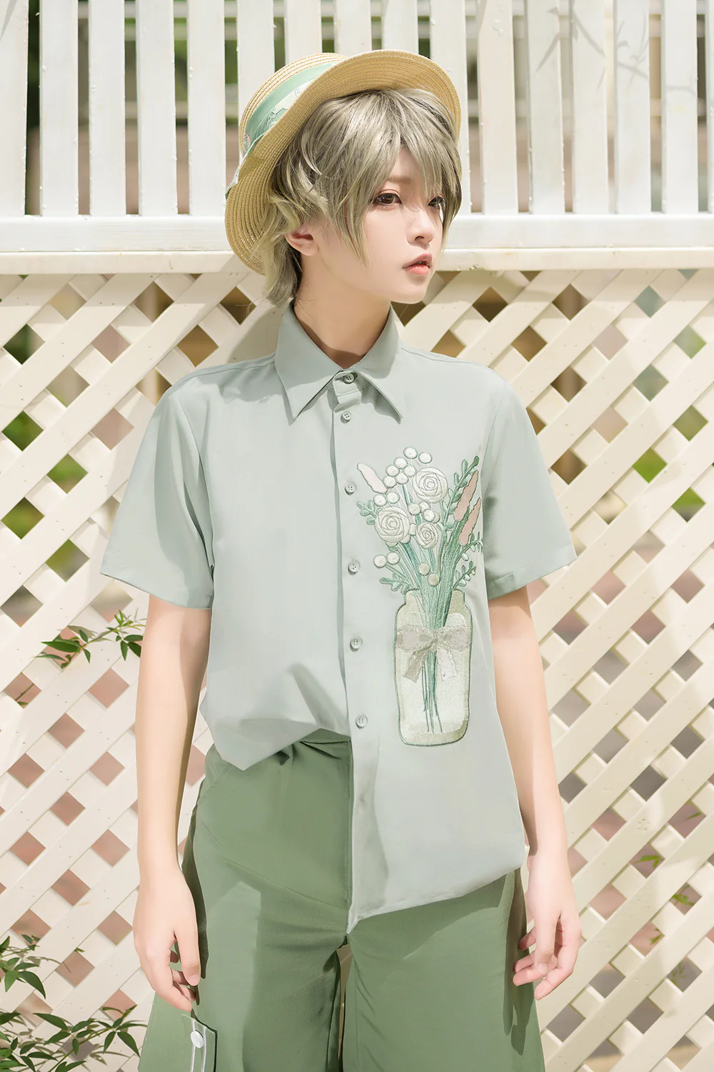 Limited Flowering Time - Retro Green Flower Embroidery Shirt - Image 15