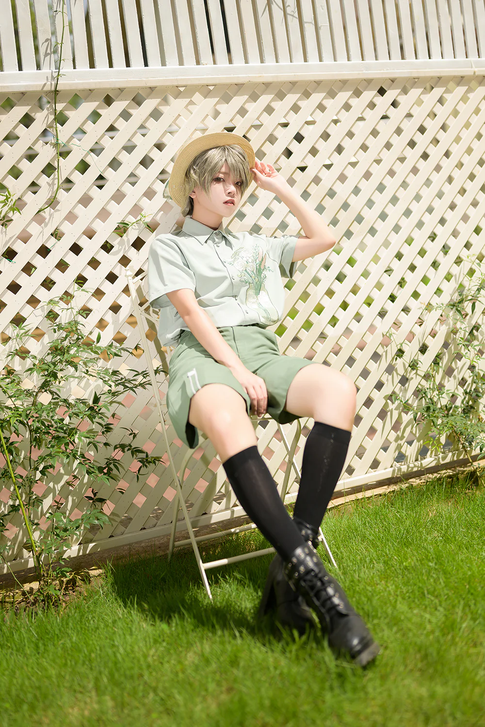 Limited Flowering Time - Retro Green Flower Embroidery Shirt - Image 19