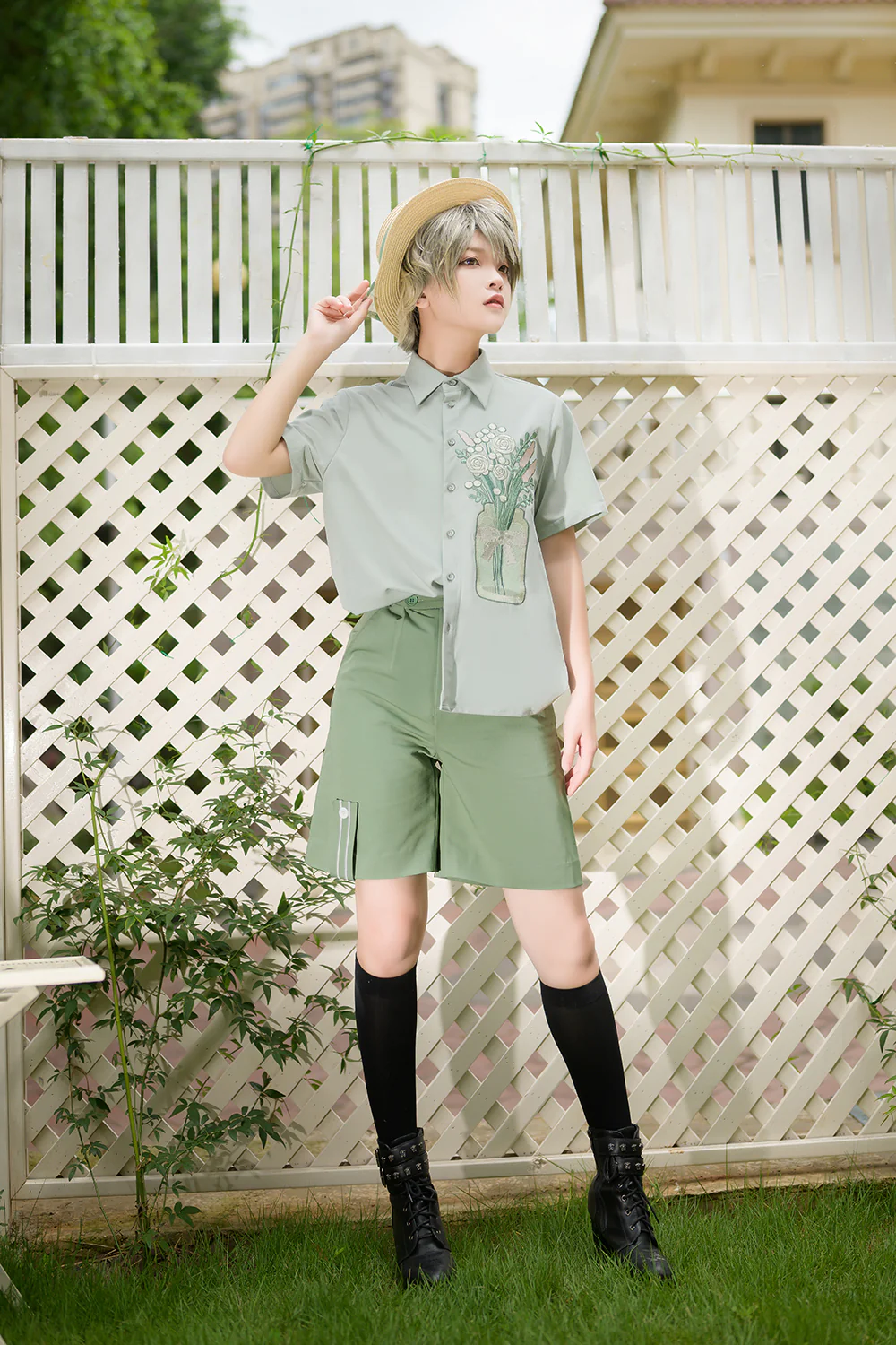 Limited Flowering Time - Retro Green Flower Embroidery Shirt - Image 20