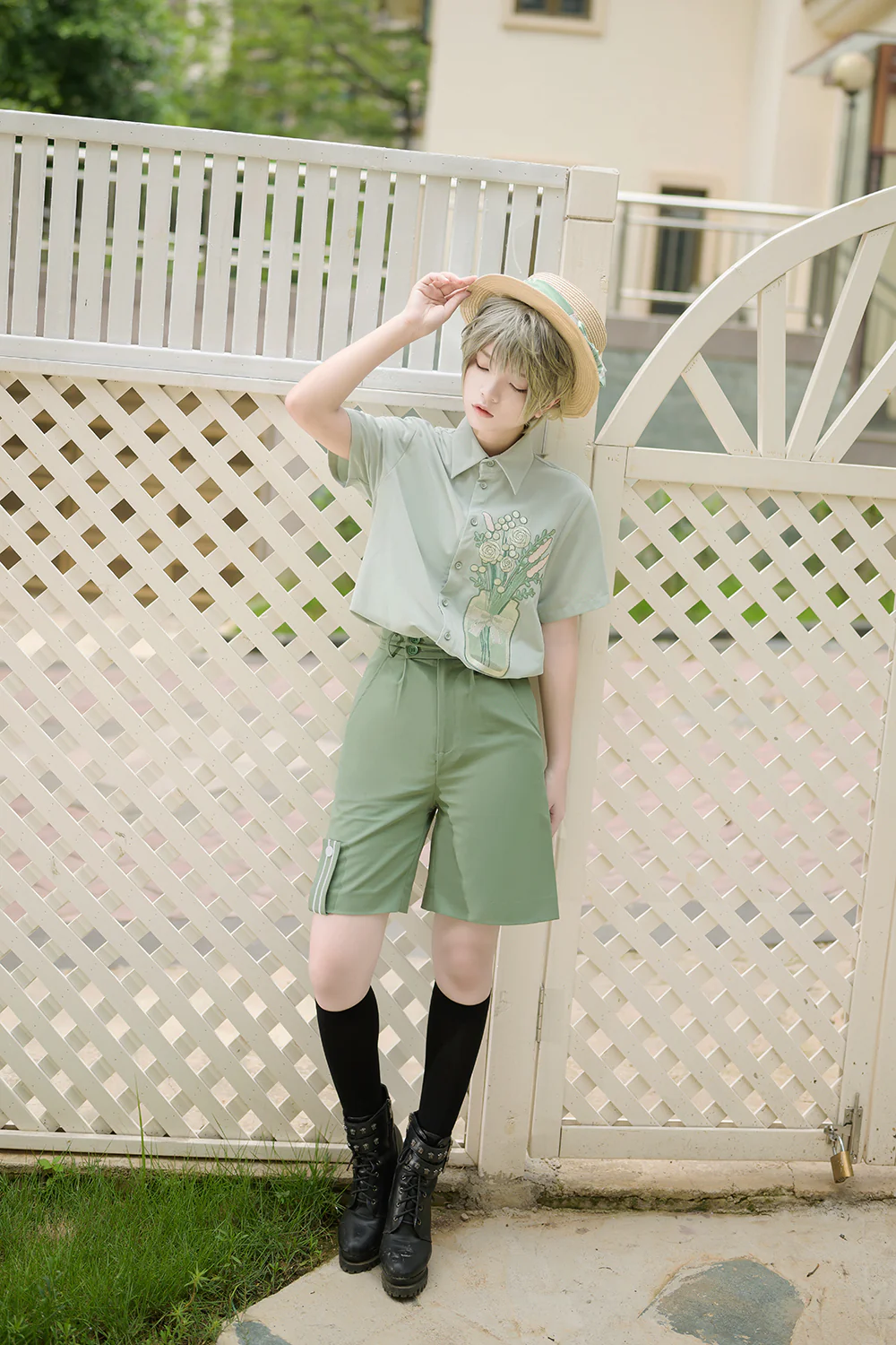 Limited Flowering Time - Retro Green Flower Embroidery Shirt - Image 21