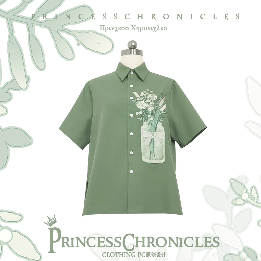 Limited Flowering Time - Retro Green Flower Embroidery Shirt - Image 24