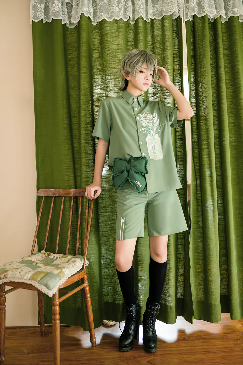 Limited Flowering Time - Retro Green Flower Embroidery Shirt - Image 6