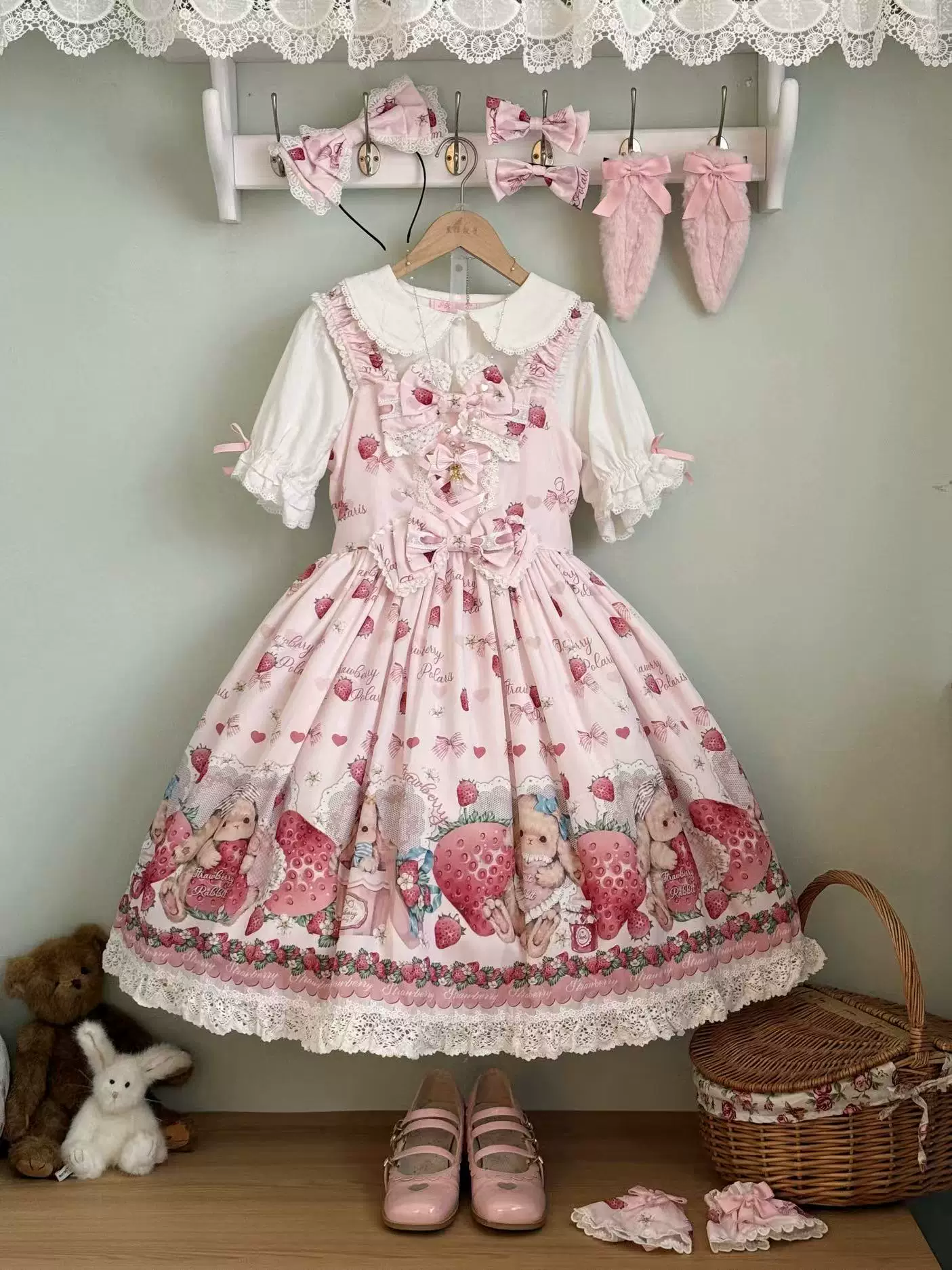 Rabbit Berry Gift Box SP - Printed Kawaii Lolita JSK, Elastic Ruffled Straps - Image 11