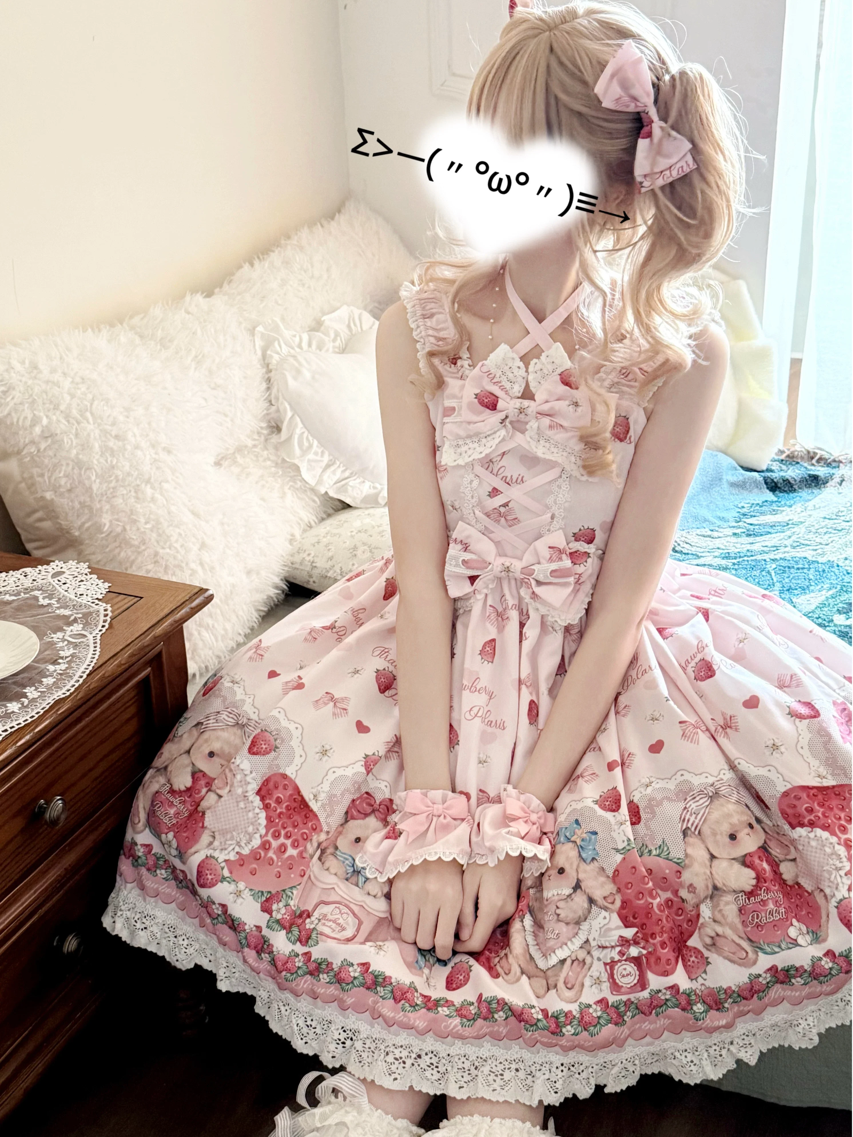 Rabbit Berry Gift Box SP - Printed Kawaii Lolita JSK, Elastic Ruffled Straps - Image 2