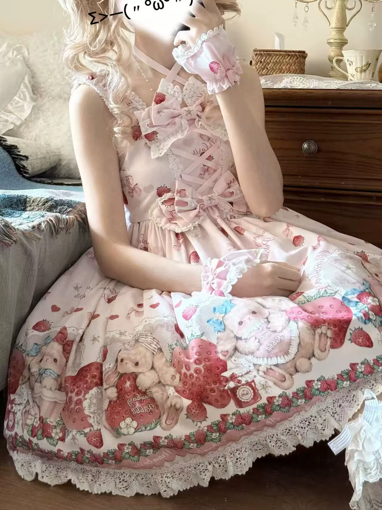 Rabbit Berry Gift Box SP - Printed Kawaii Lolita JSK, Elastic Ruffled Straps - Image 3