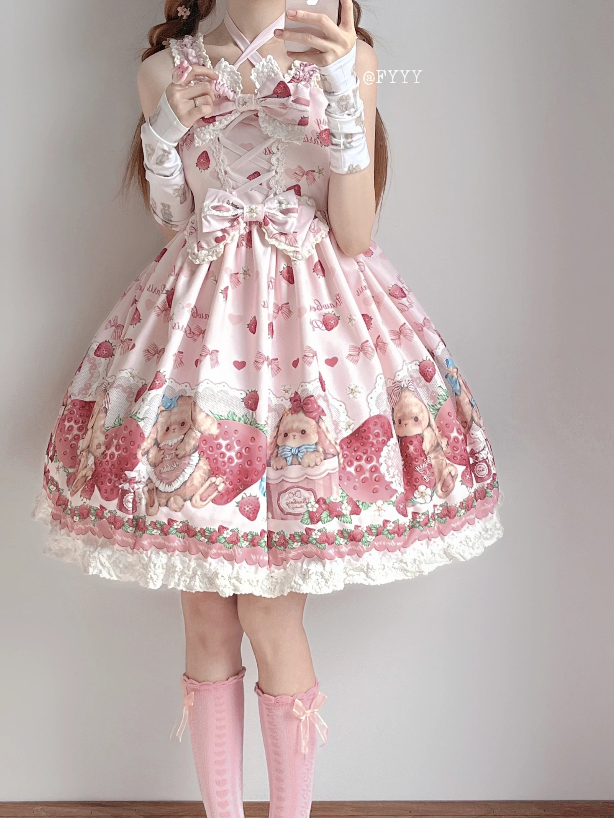Rabbit Berry Gift Box SP - Printed Kawaii Lolita JSK, Elastic Ruffled Straps - Image 4