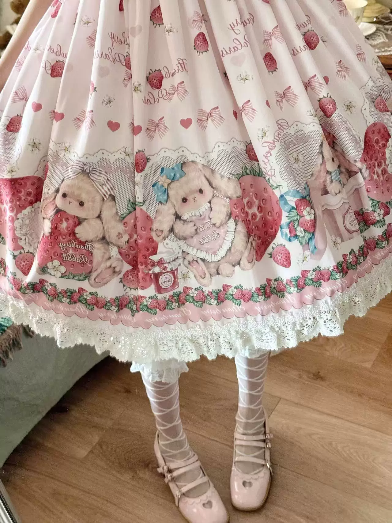 Rabbit Berry Gift Box SP - Printed Kawaii Lolita JSK, Elastic Ruffled Straps - Image 8