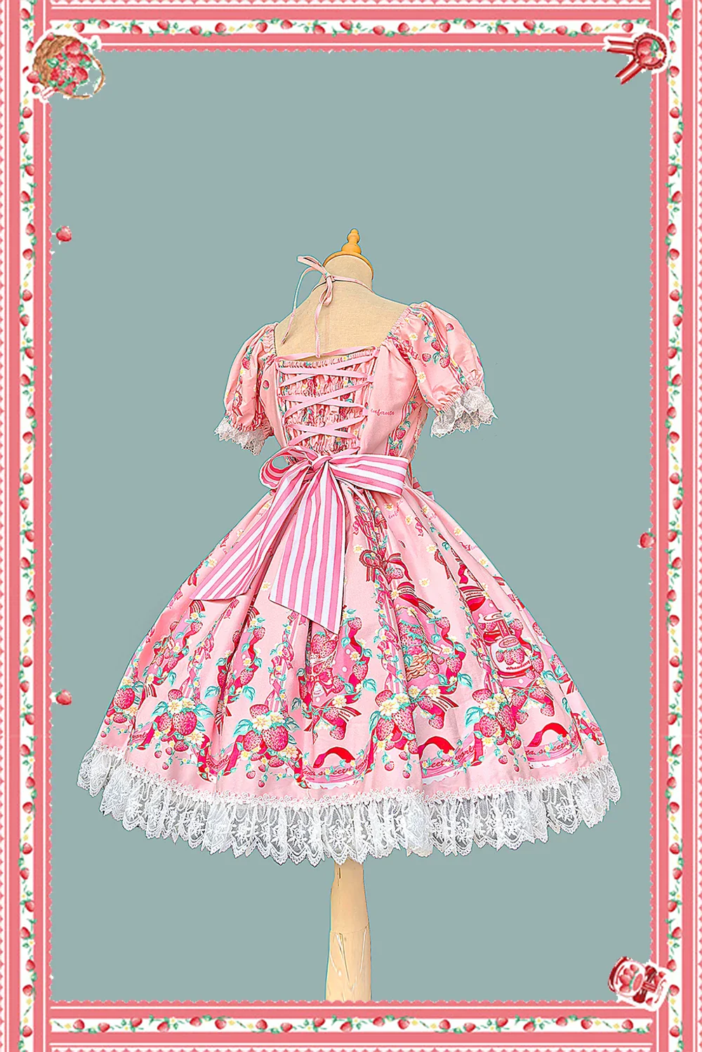 Strawberry Chef - Printed Old School Lolita Dress, Detachable Bows - Image 2
