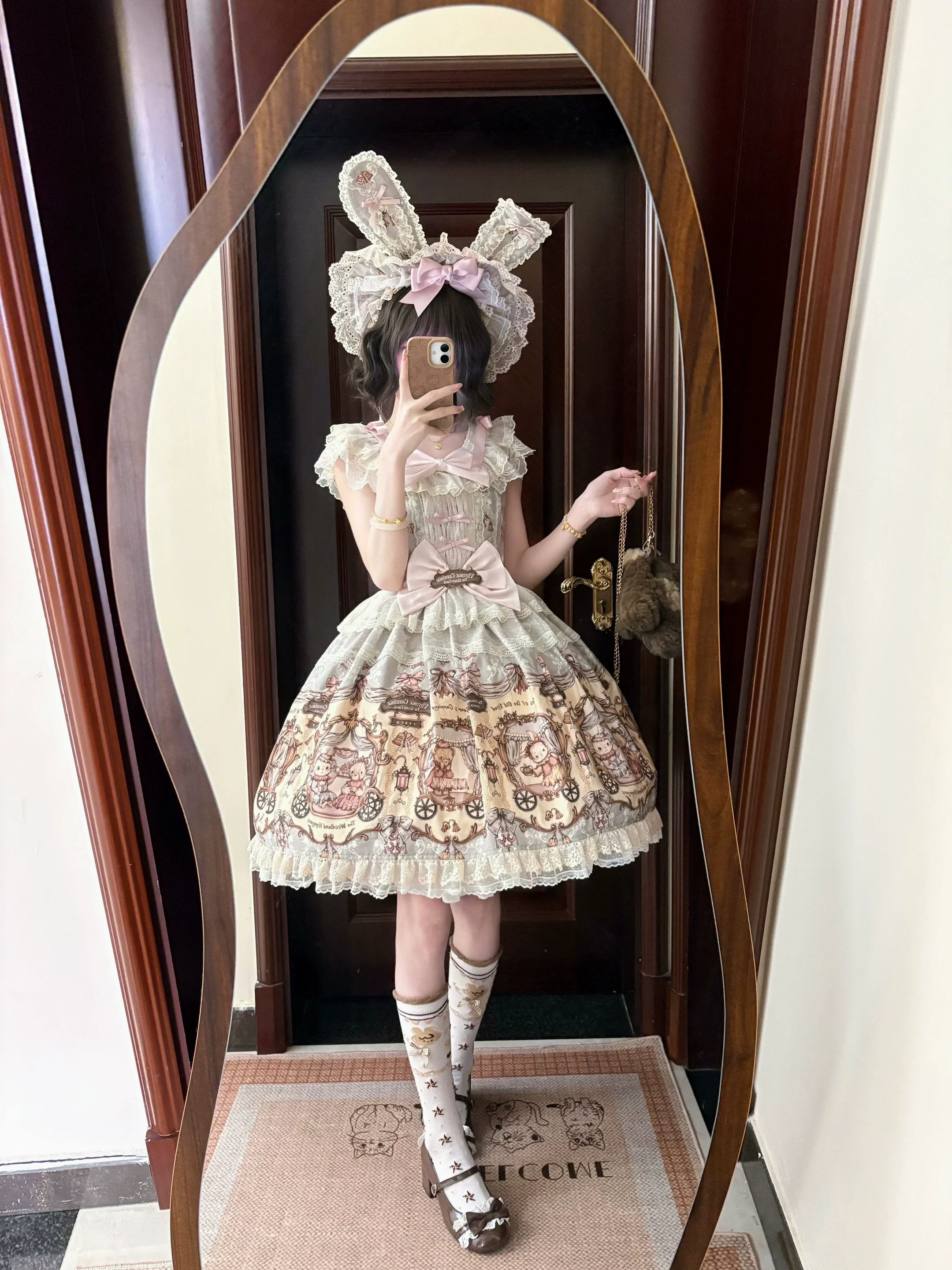 Bunny and Bear - Printed Sweet Lolita Dress, Lace and Bow Details - Image 7