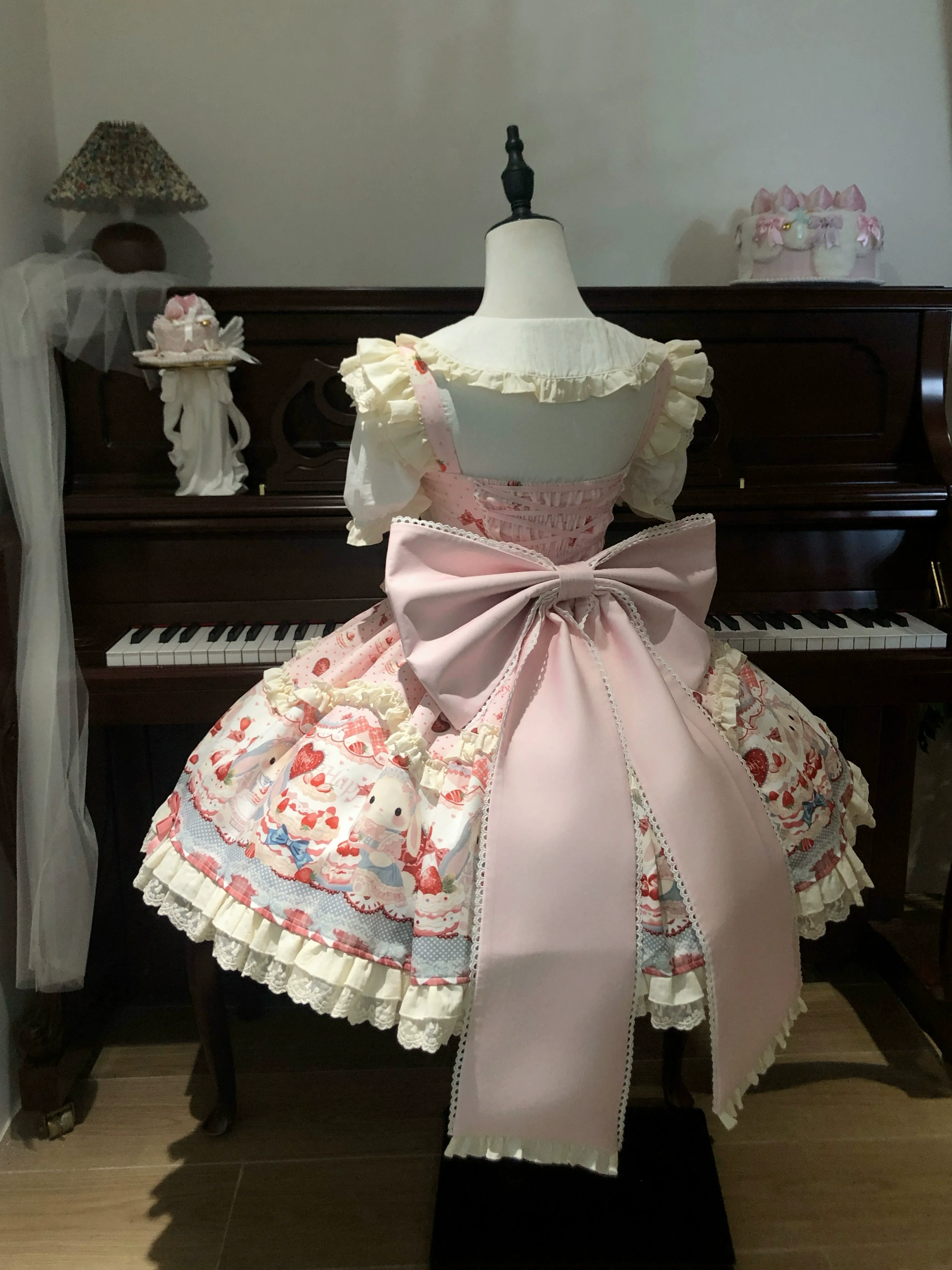 Sweet Dreamland - Bunny Party - Printed Sweet Lolita JSK, Bow Trailing - Image 2
