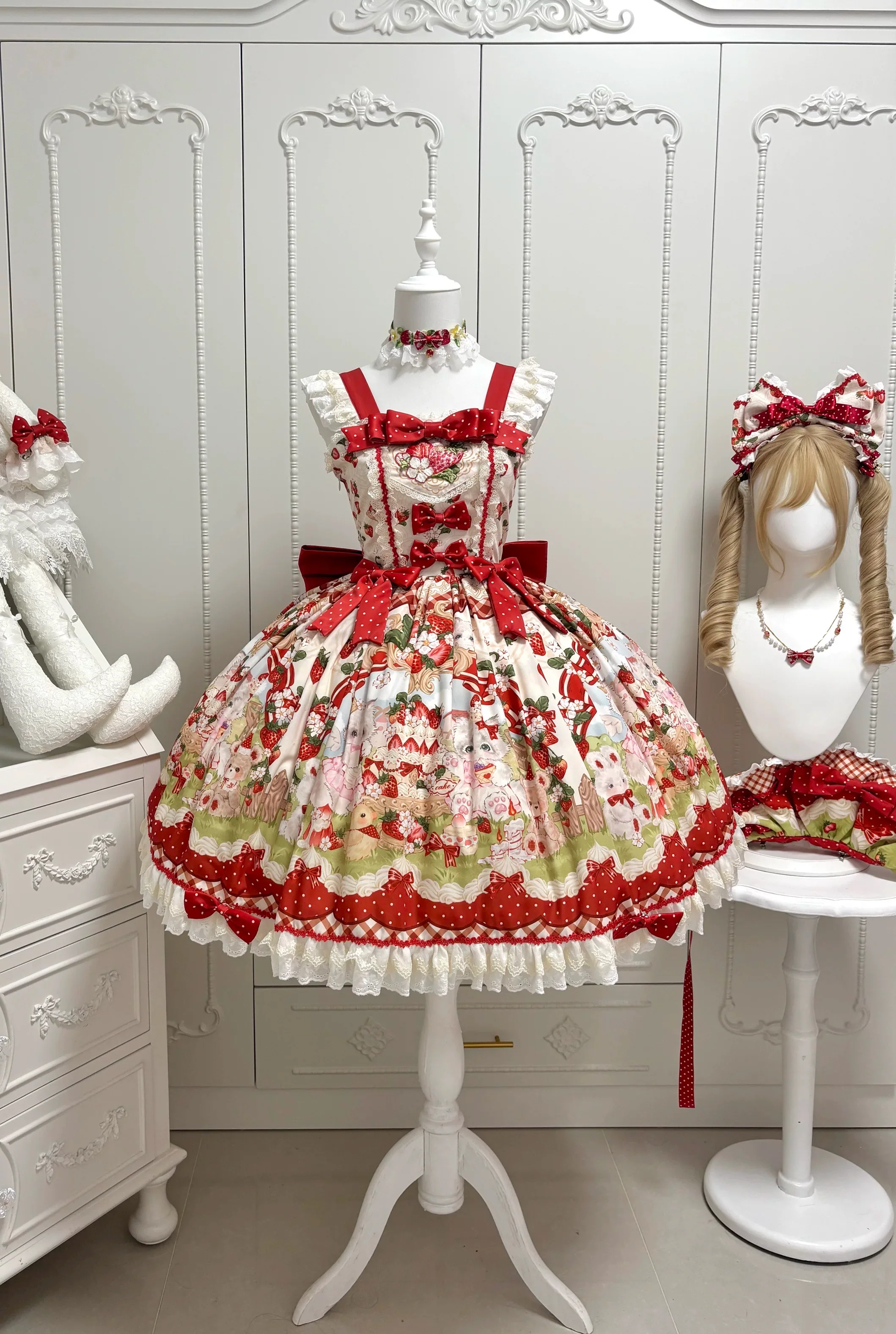 Strawberry Cat - Printed Sweet Lolita JSK Dress, Embroidered Strawberry - Image 14