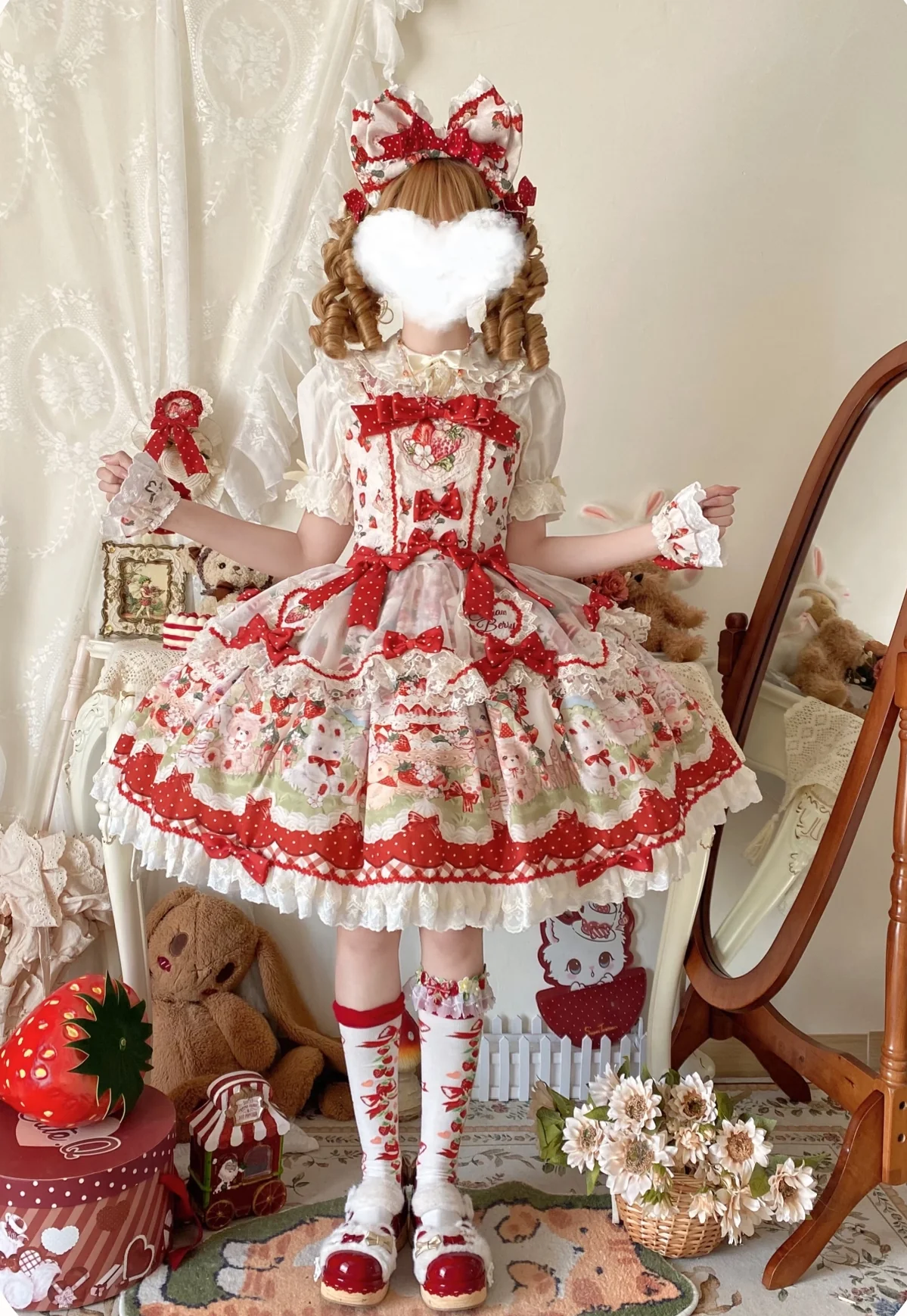 Strawberry Cat - Printed Sweet Lolita JSK Dress, Embroidered Strawberry - Image 7