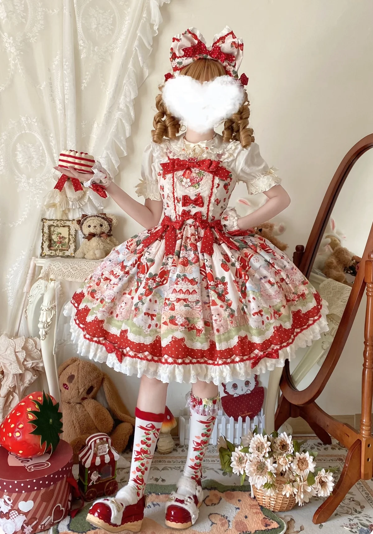Strawberry Cat - Printed Sweet Lolita JSK Dress, Embroidered Strawberry - Image 8