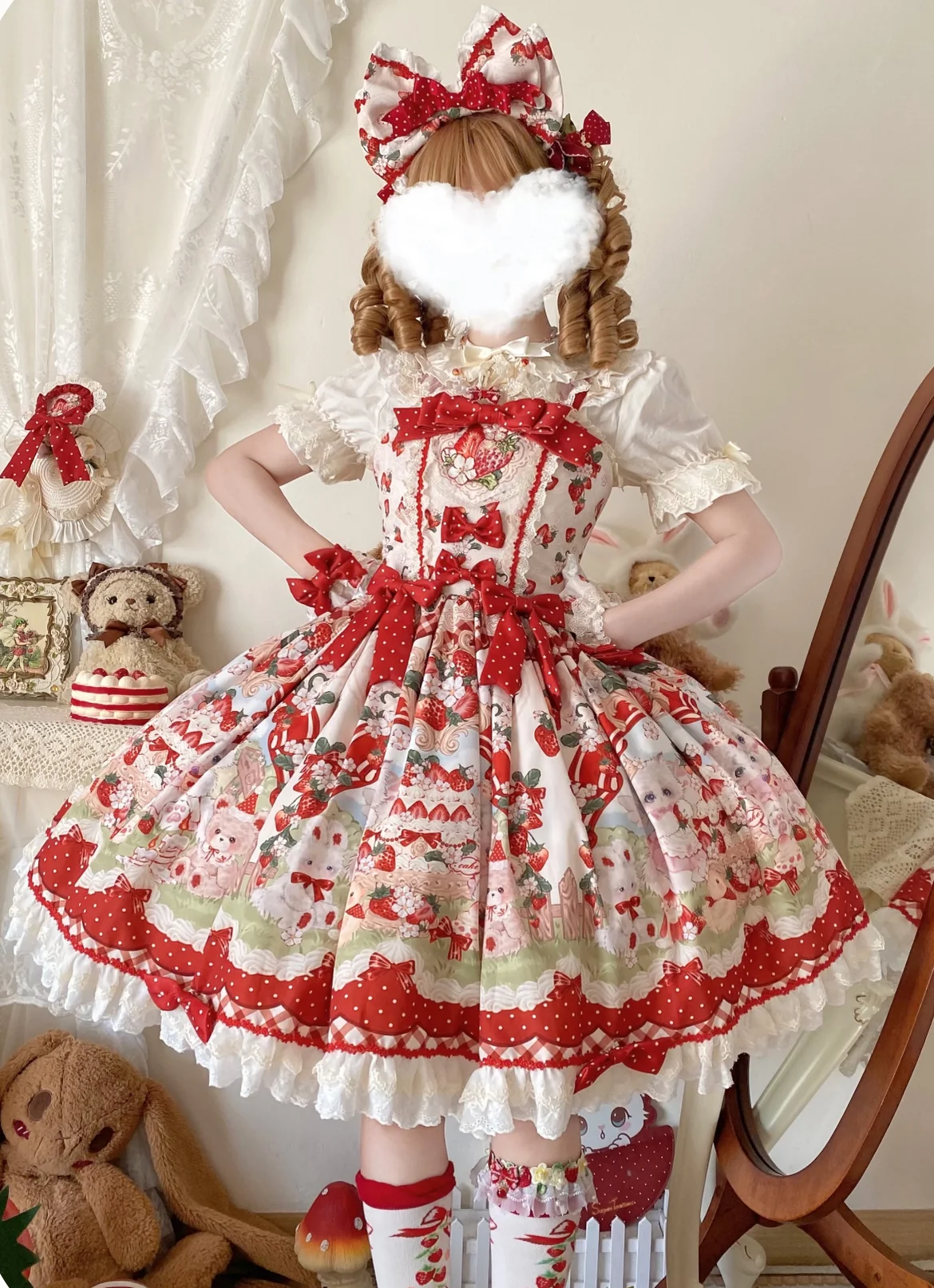 Strawberry Cat - Printed Sweet Lolita JSK Dress, Embroidered Strawberry - Image 9