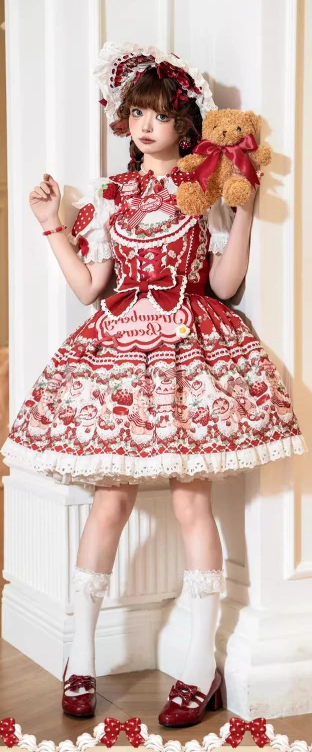 Strawberry and Bear - Printed Sweet Lolita JSK Dress, Heart Shaped Collar Shirt - Image 10