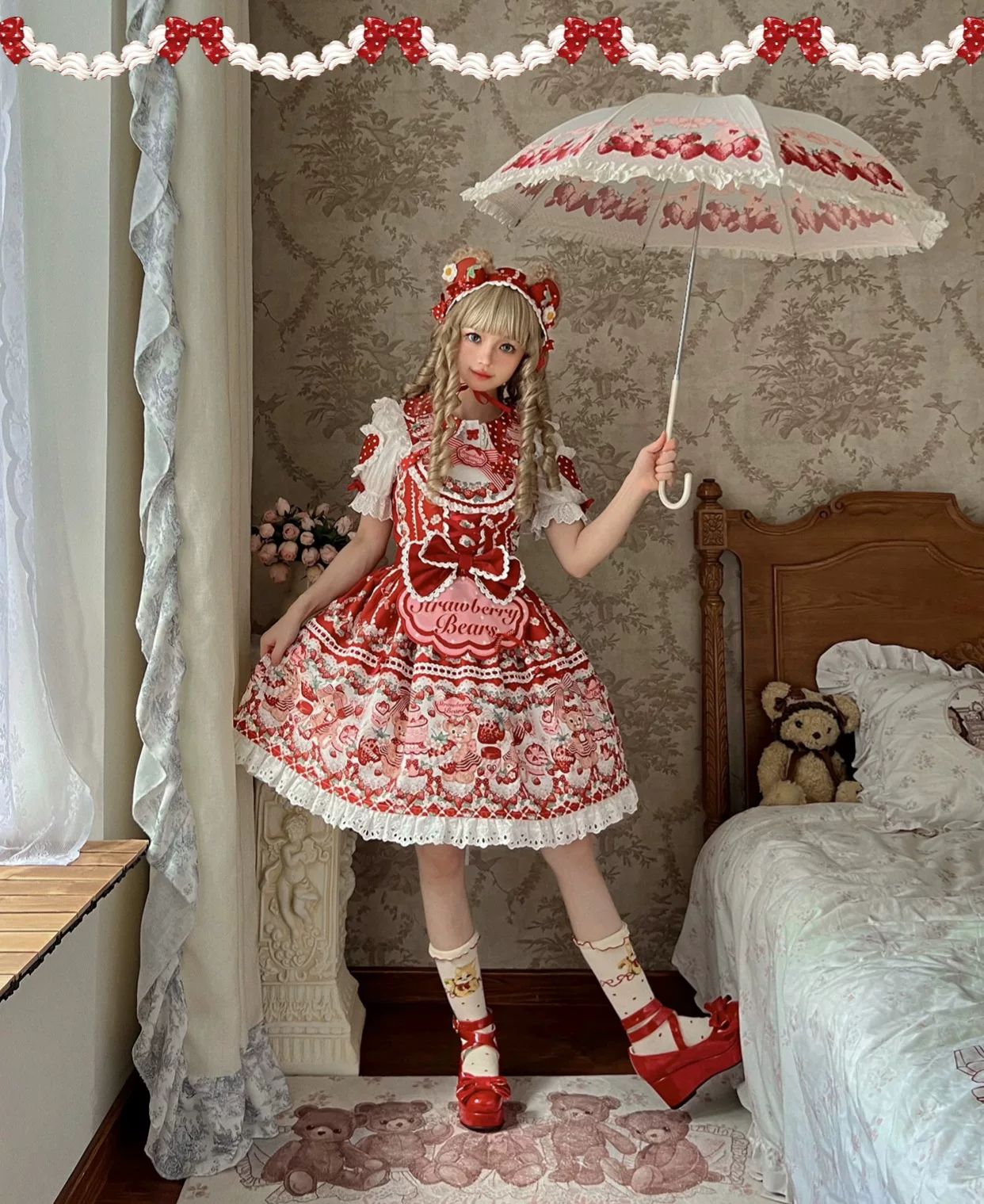 Strawberry and Bear - Printed Sweet Lolita JSK Dress, Heart Shaped Collar Shirt - Image 13