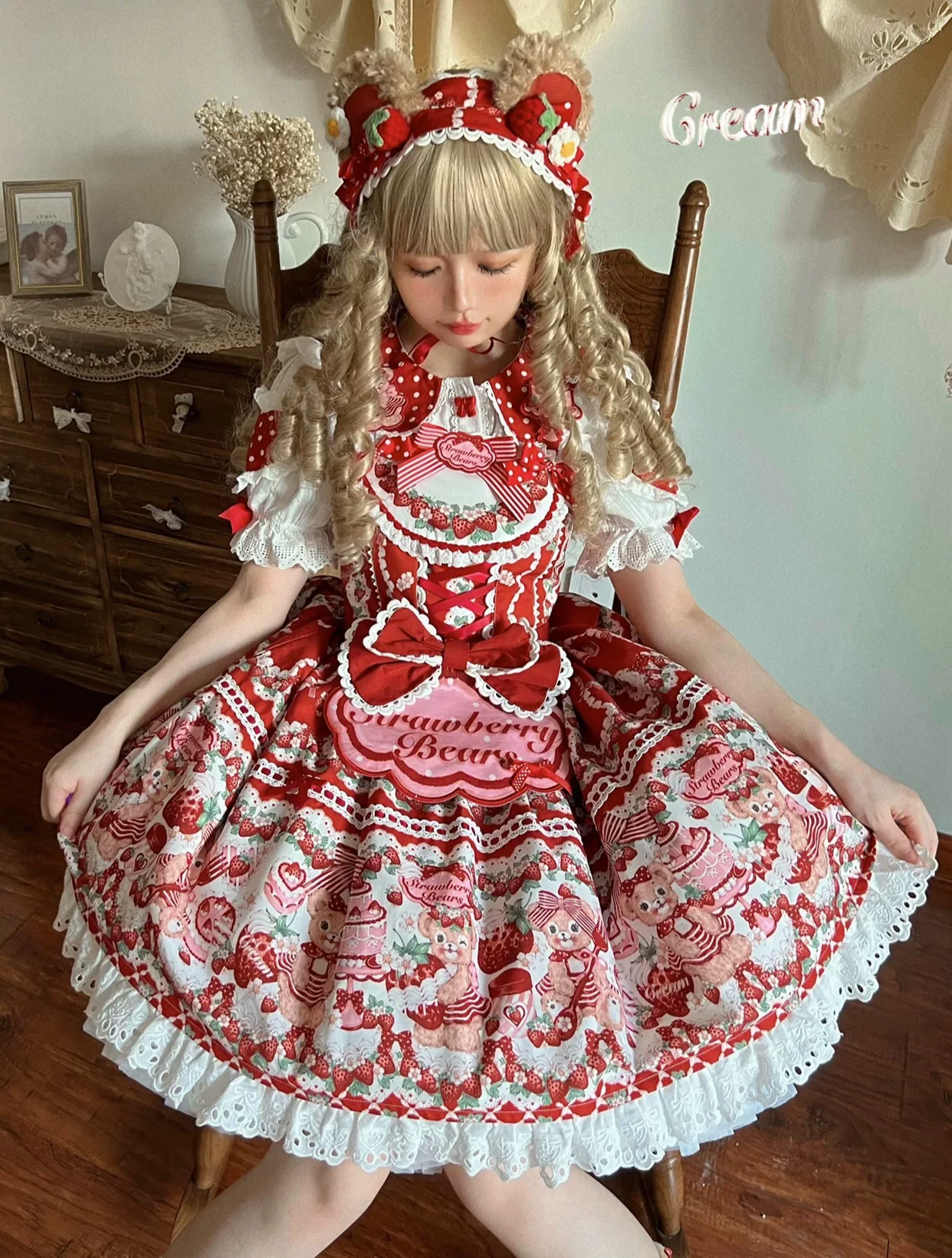 Strawberry and Bear - Printed Sweet Lolita JSK Dress, Heart Shaped Collar Shirt - Image 14