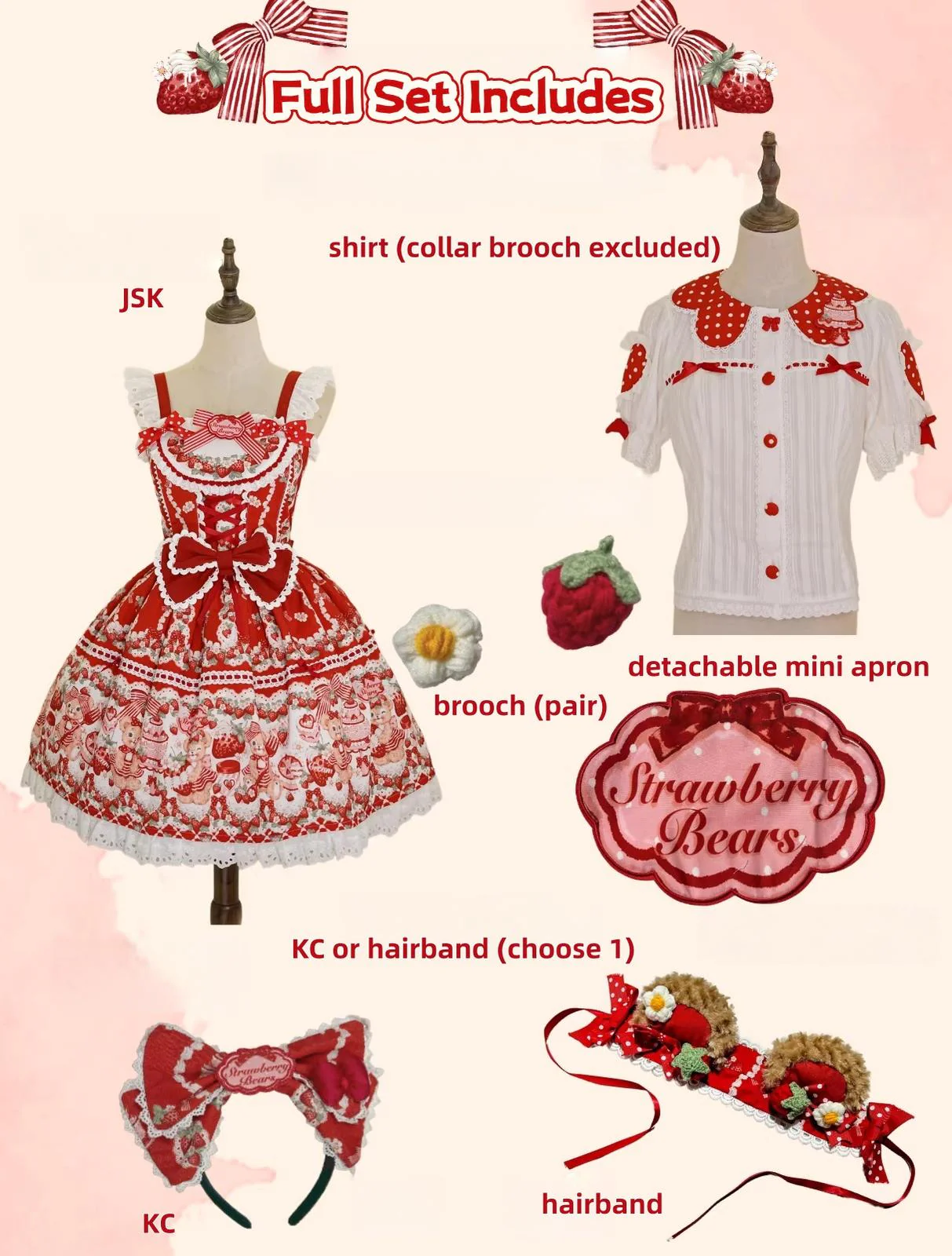 Strawberry and Bear - Printed Sweet Lolita JSK Dress, Heart Shaped Collar Shirt - Image 5