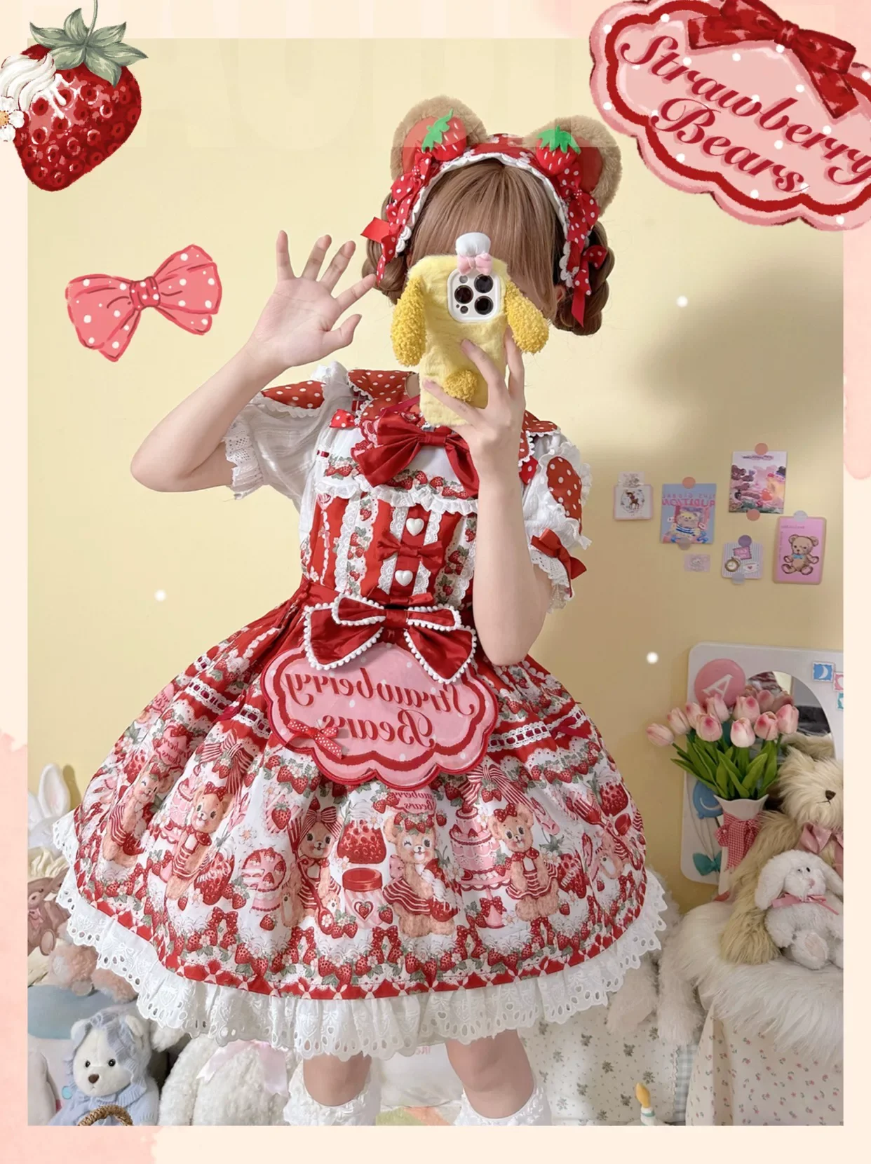 Strawberry and Bear - Printed Sweet Lolita JSK Dress, Heart Shaped Collar Shirt - Image 7