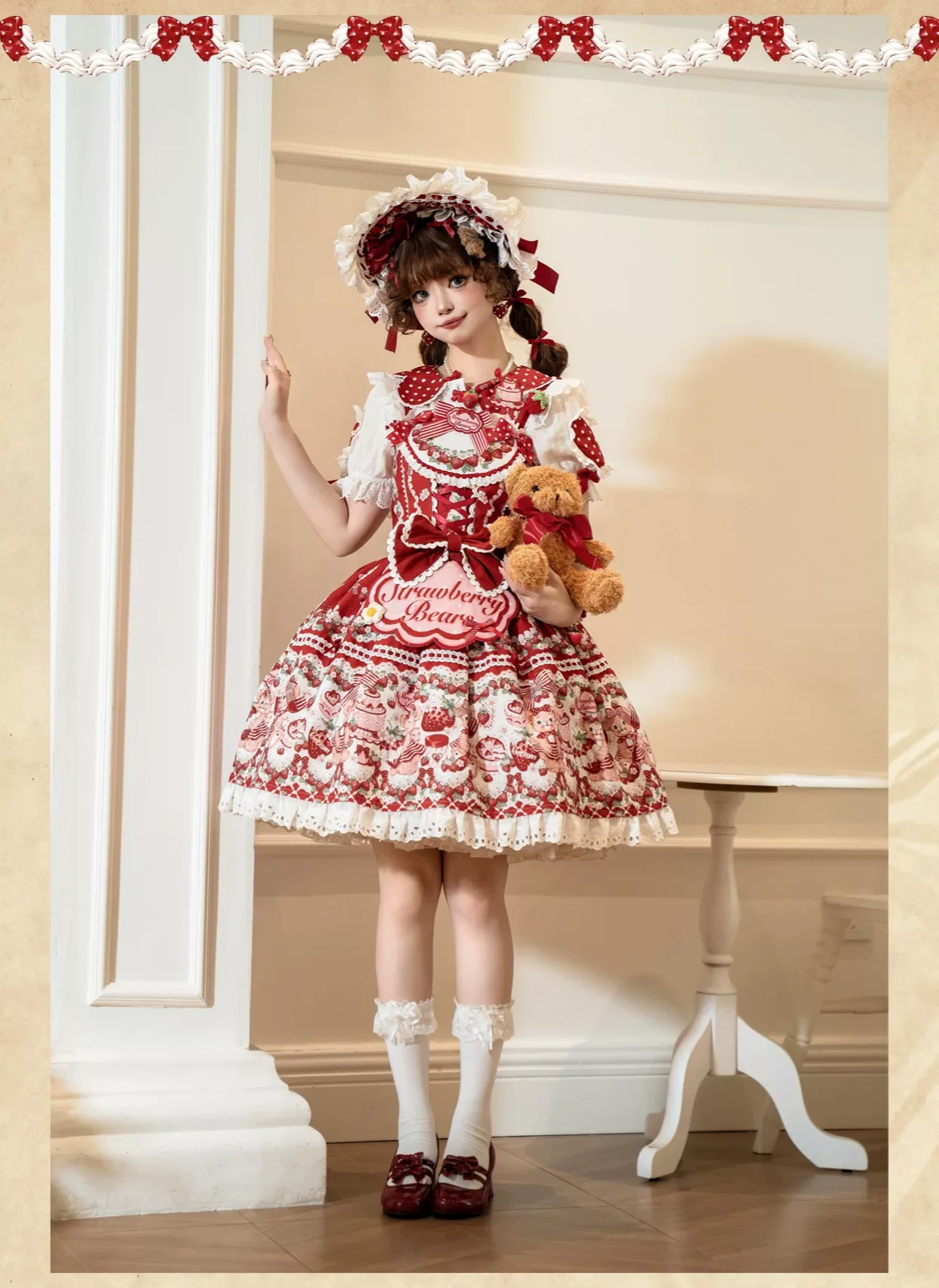 Strawberry and Bear - Printed Sweet Lolita JSK Dress, Heart Shaped Collar Shirt - Image 9