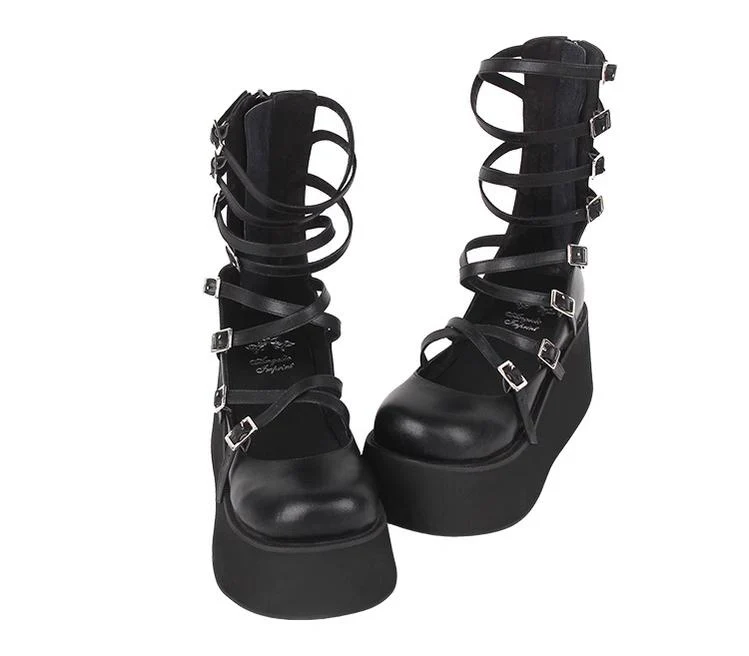Angelic imprint - Punk Lolita High Platform Shoes With Calf-length Straps - Image 5