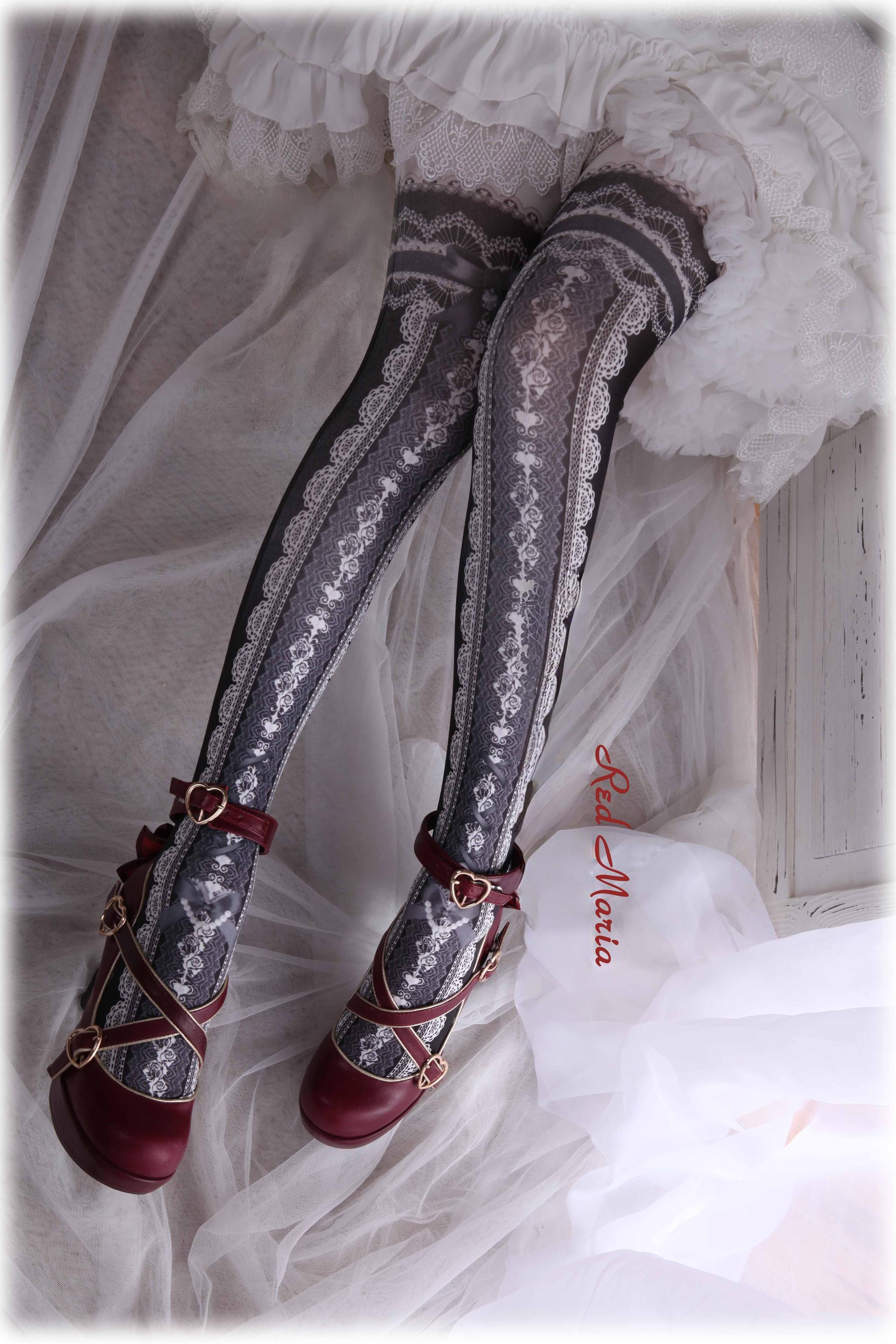 Lace Printed Bow 80D Lolita Tights Multicolors - Image 2