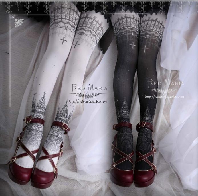 Snowy Night Church - Gothic Lolita Tights, Multicolors - Image 4