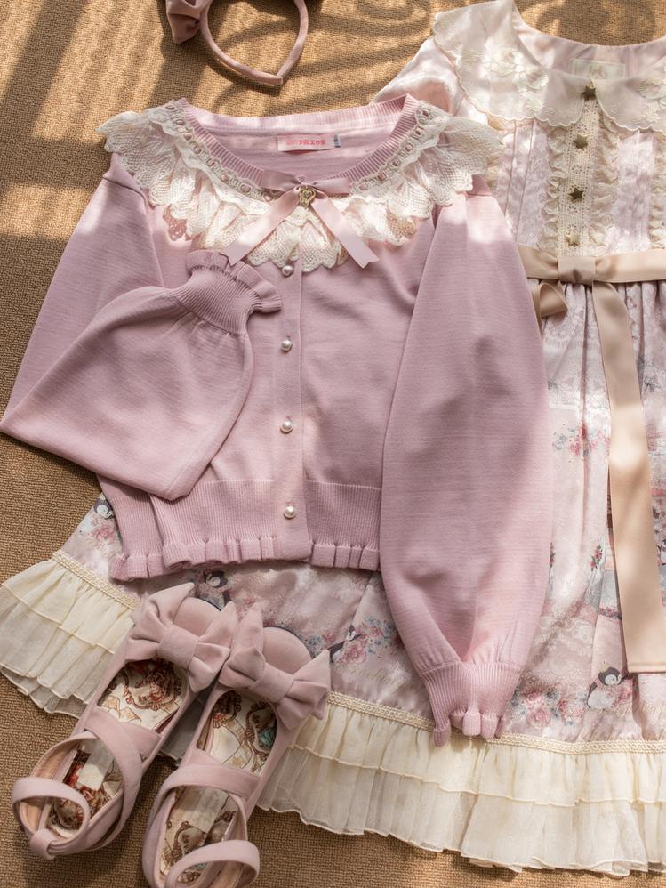 Graceful Dream - Retro Kawaii Lolita Sweater Cardigan, Ruffled Lace Neckline - Image 10