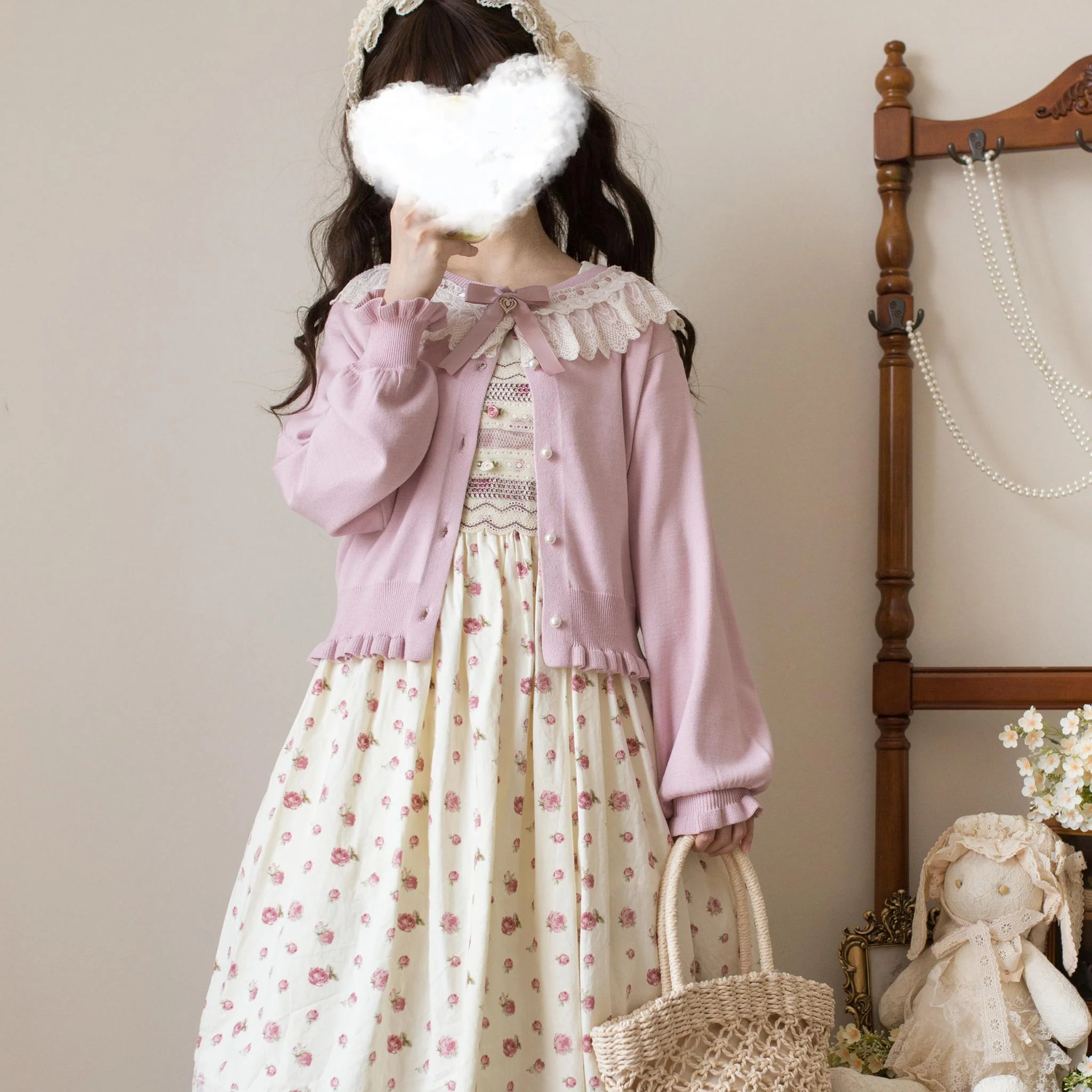Graceful Dream - Retro Kawaii Lolita Sweater Cardigan, Ruffled Lace Neckline - Image 2
