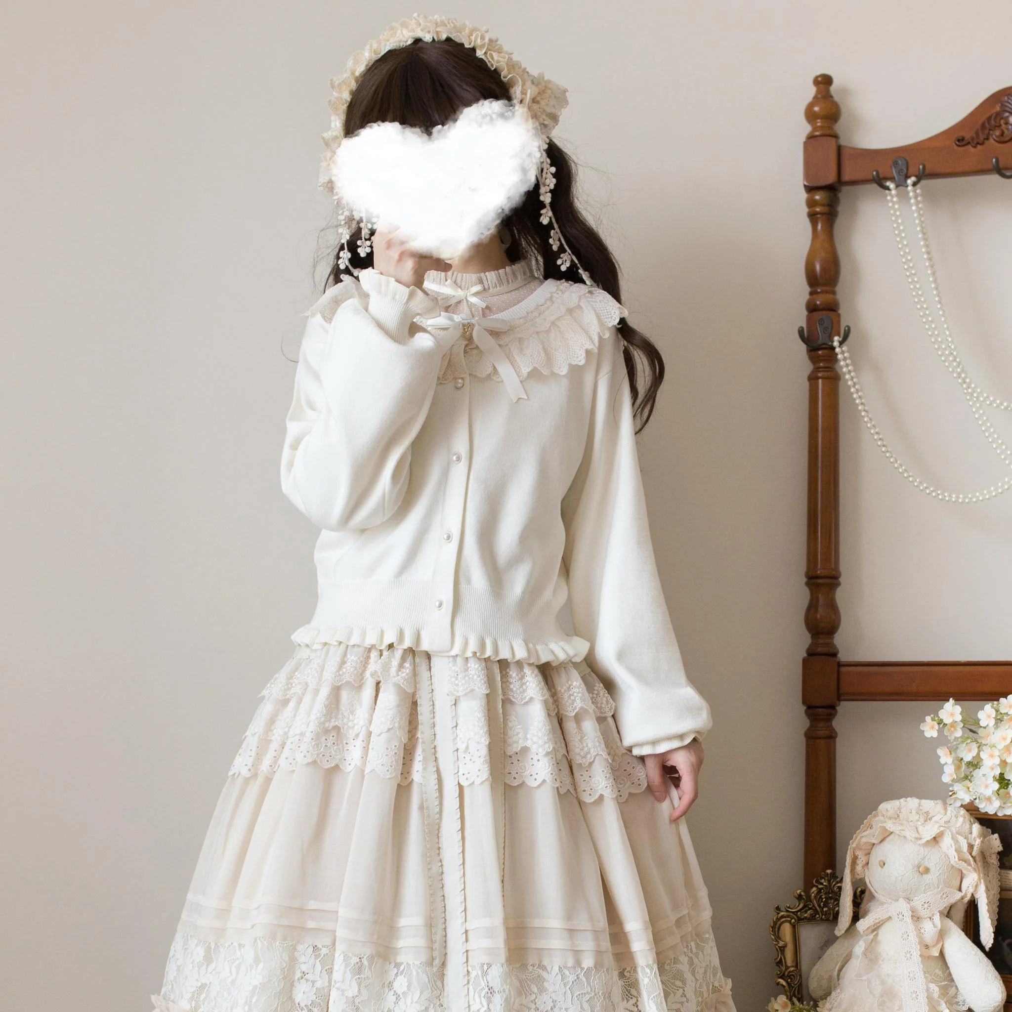 Graceful Dream - Retro Kawaii Lolita Sweater Cardigan, Ruffled Lace Neckline - Image 8