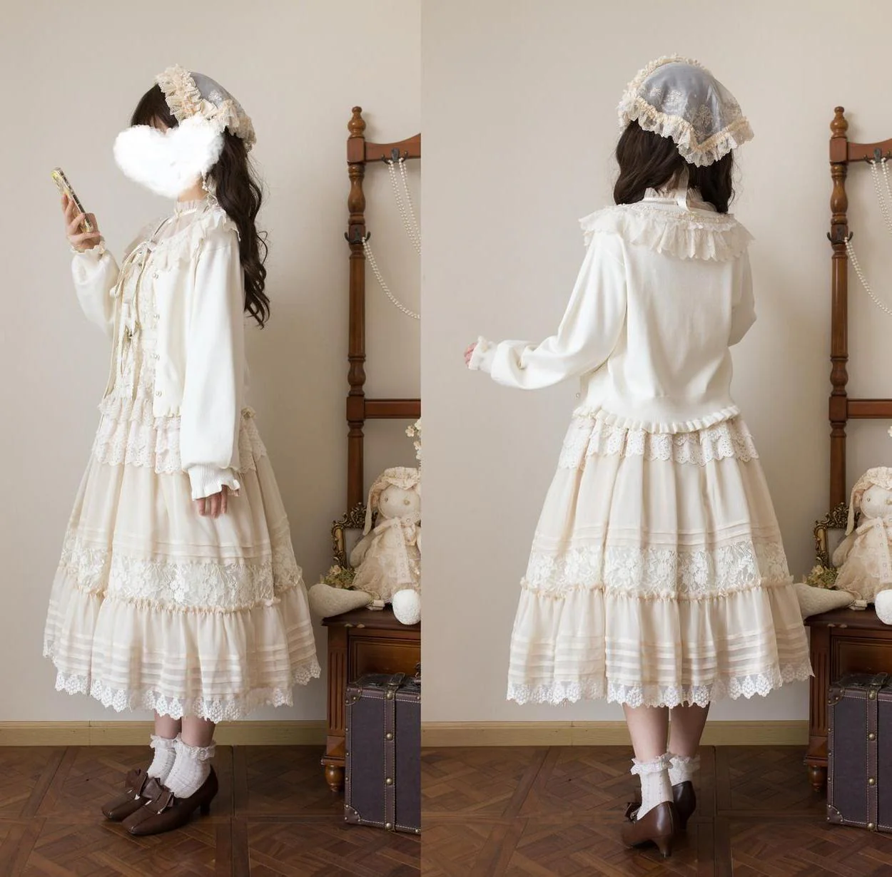 Graceful Dream - Retro Kawaii Lolita Sweater Cardigan, Ruffled Lace Neckline - Image 9
