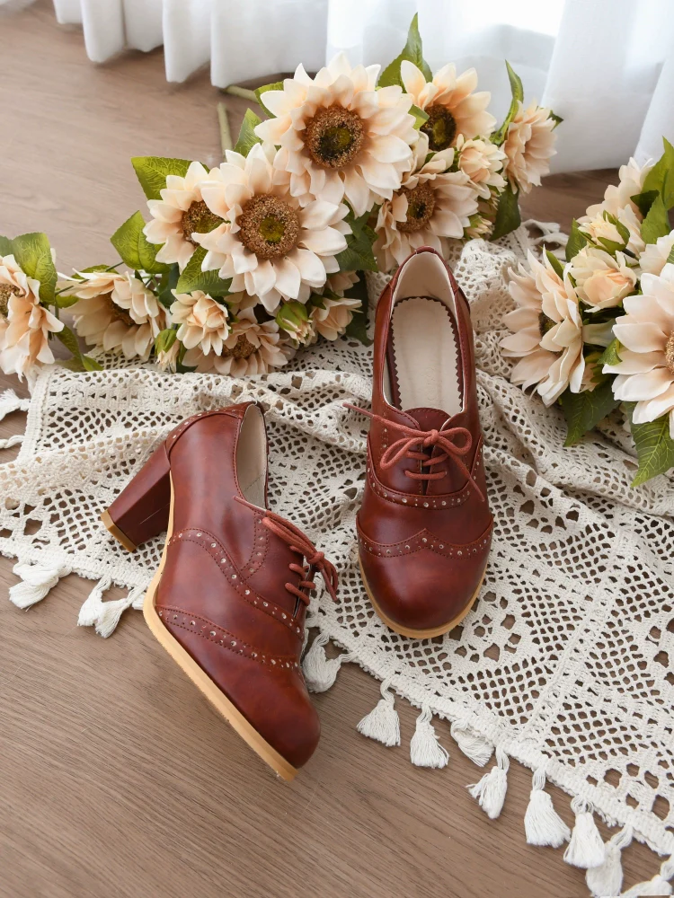 Retro Lolita Heel Shoes Handmade Perforated Strap Leather Shoes - Image 15