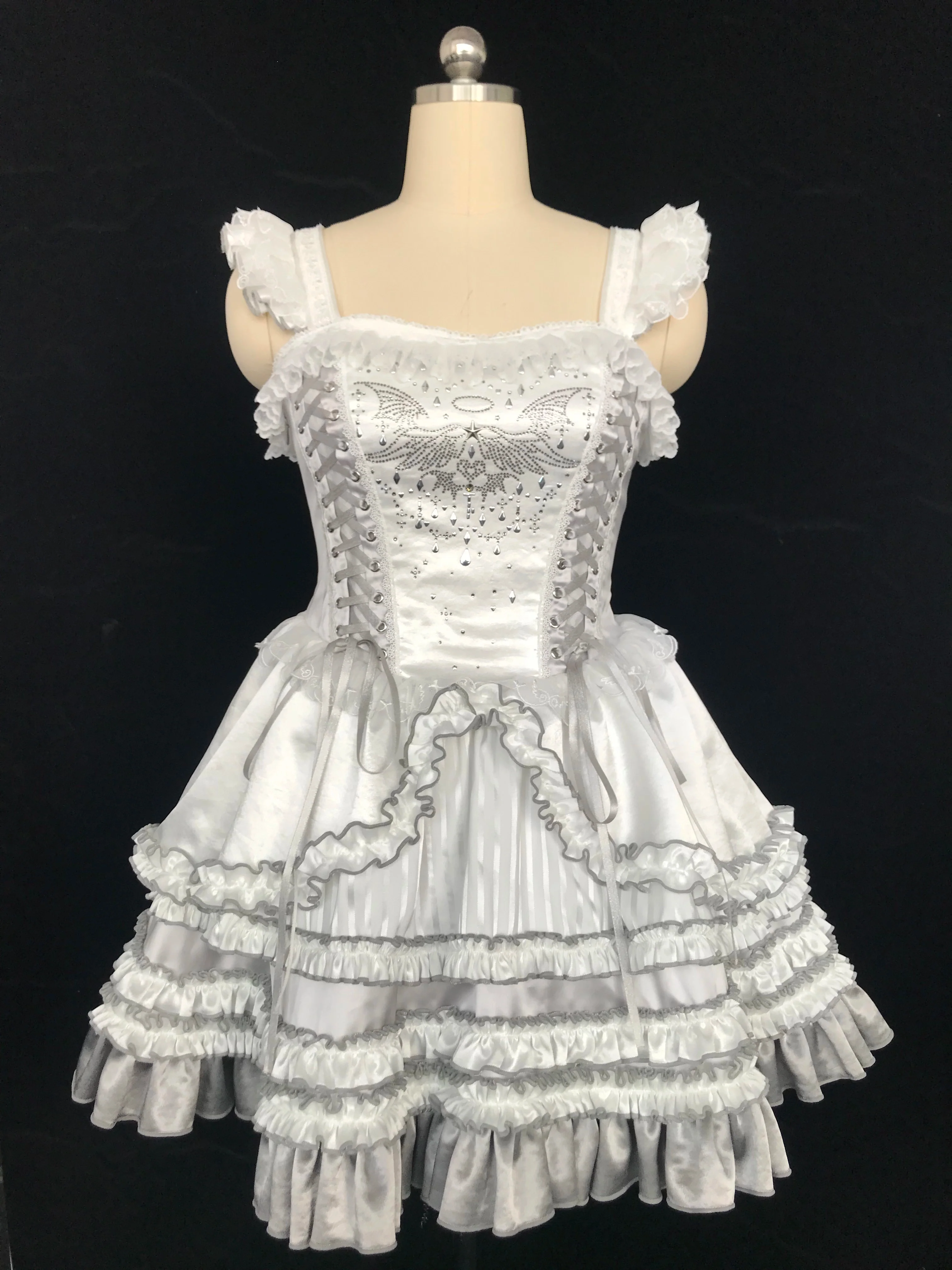 LustrE - Metallic Angel - Silver-white Punk Lolita JSK, Wing and Rhinestone Details - Image 18