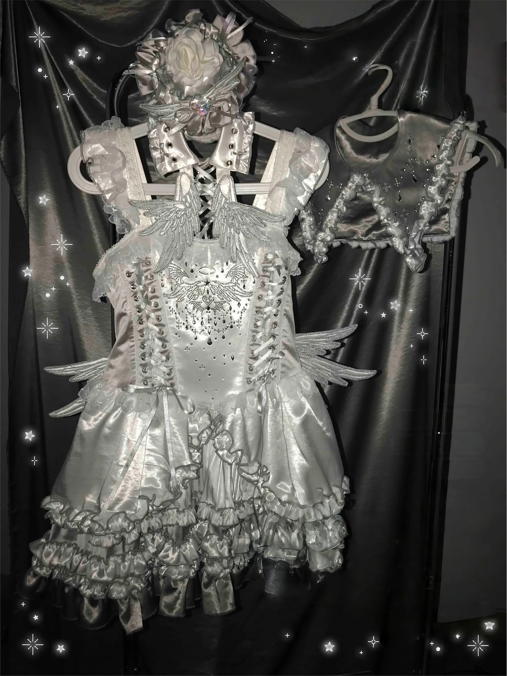 LustrE - Metallic Angel - Silver-white Punk Lolita JSK, Wing and Rhinestone Details - Image 19