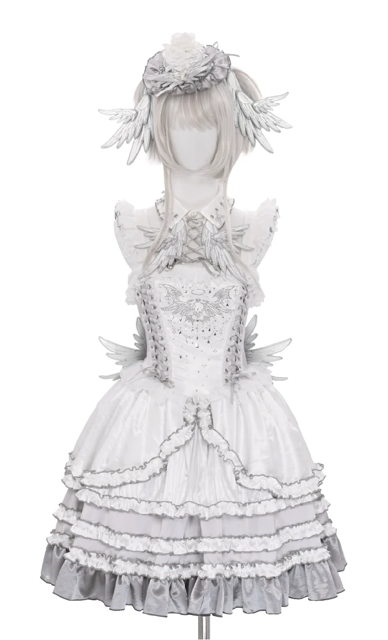 LustrE - Metallic Angel - Silver-white Punk Lolita JSK, Wing and Rhinestone Details - Image 31