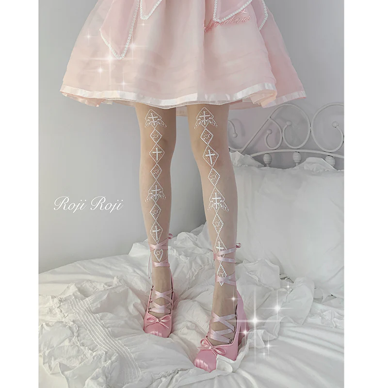 Roji Roji - Sweet Lolita White Print Tights - Image 2