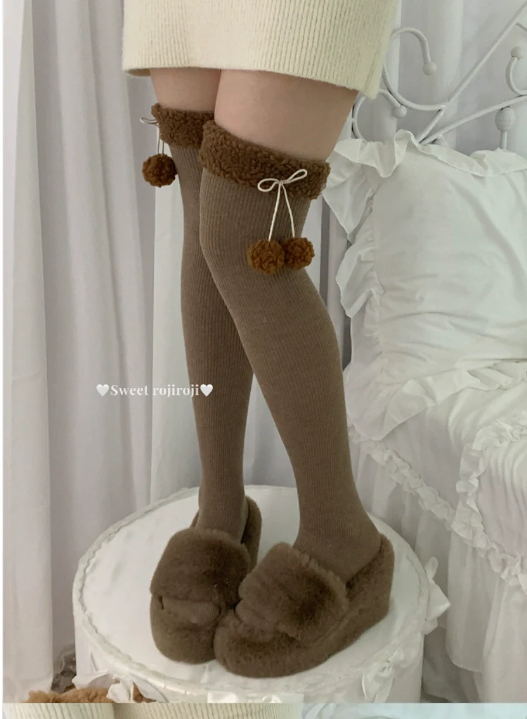 Roji Roji - Winter Fuzzy Ball Lolita Socks Over Knee Thick Socks - Image 2