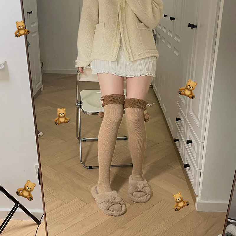 Roji Roji - Winter Fuzzy Ball Lolita Socks Over Knee Thick Socks - Image 4
